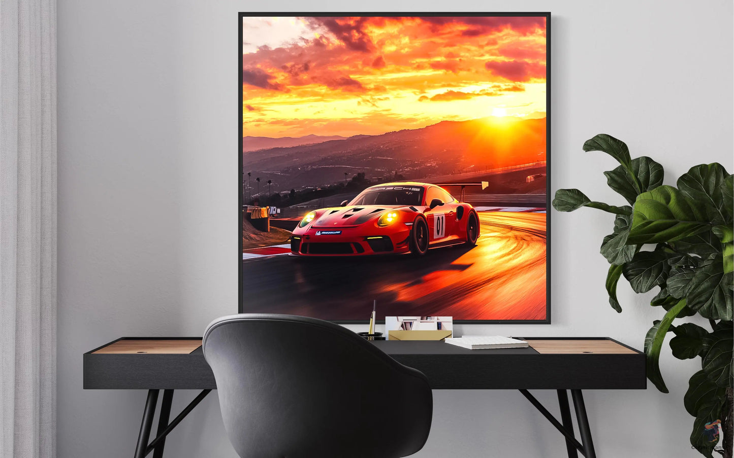 High-Speed Porsche 911 GT3 RS Digital Art | Sunset Racing Scene | Vibrant Sports Car Wall Art Download | Track Racing Enthusiast Decor CognitiCanvas