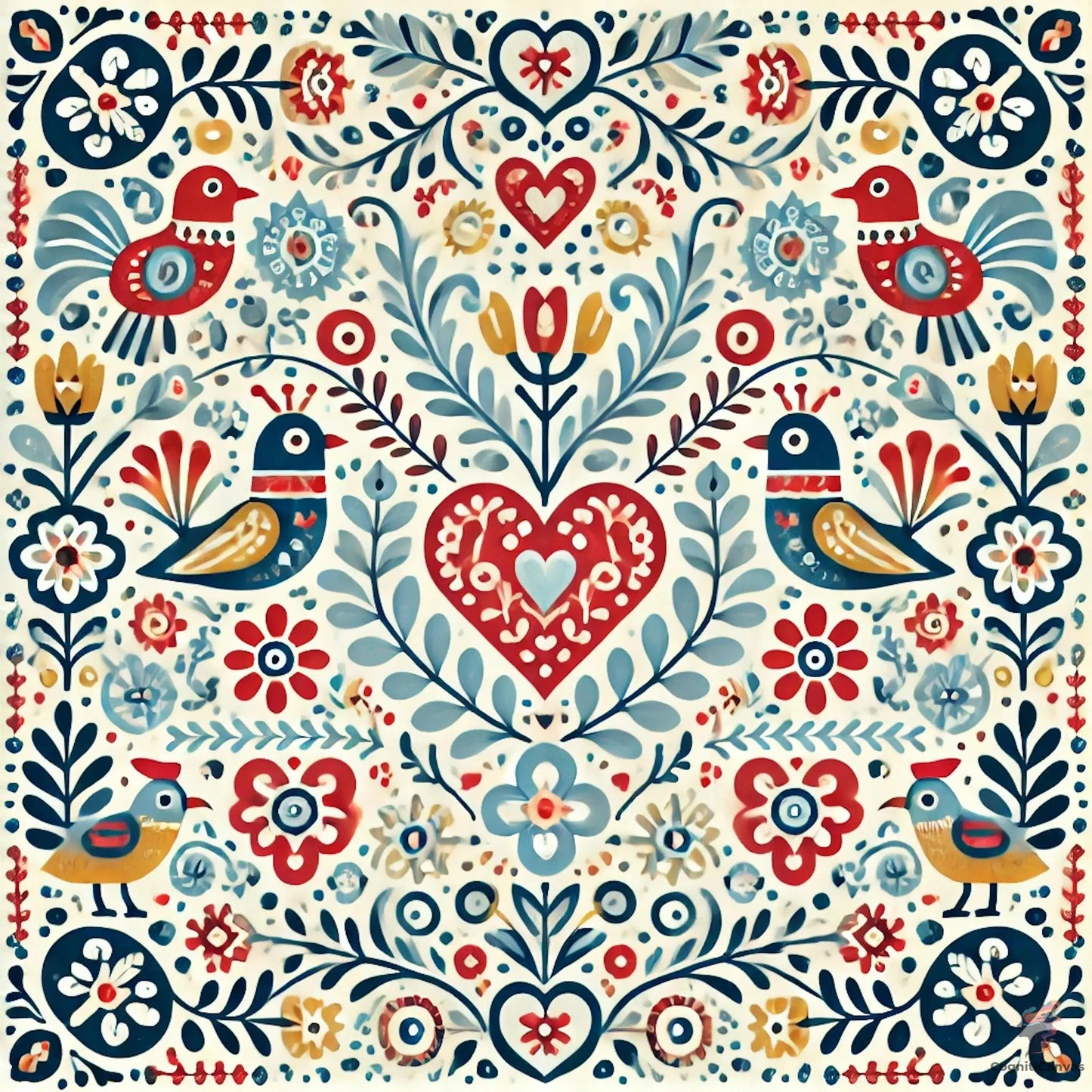 Scandinavian folk art birds and florals digital download – vibrant vintage-inspired wall art by CognitiCanvas