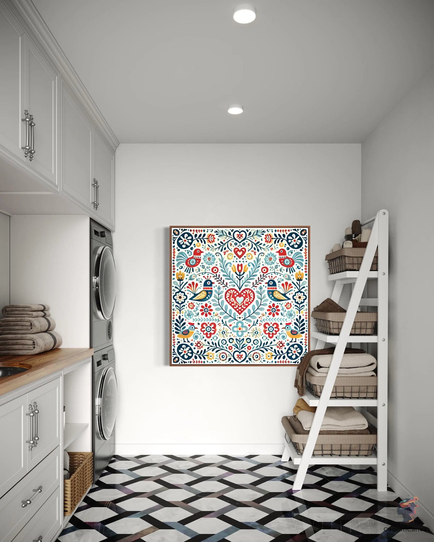 High-resolution Scandinavian folk art featuring colorful birds and intricate floral patterns