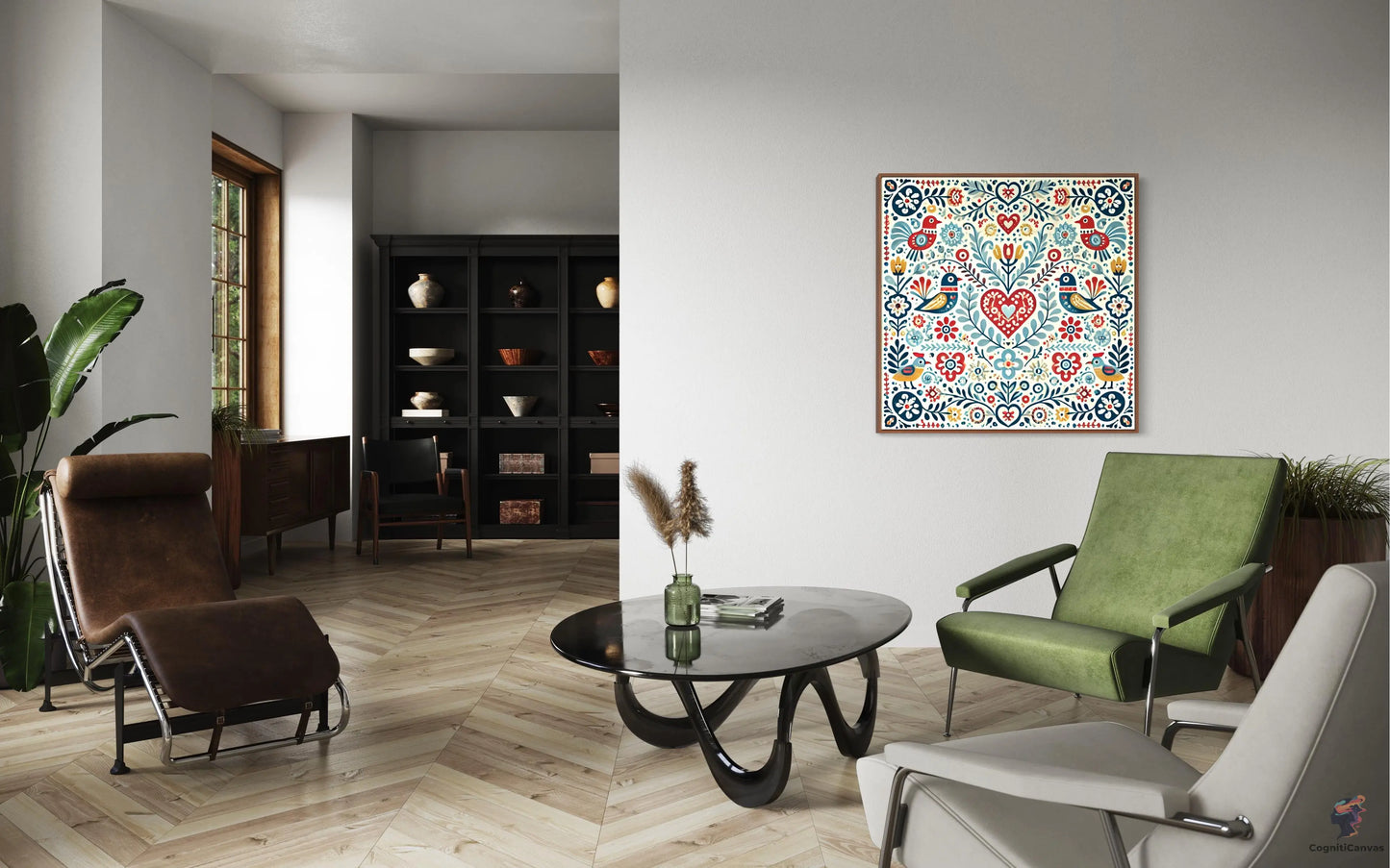 High-quality Scandinavian folk art print featuring vibrant birds and floral elements