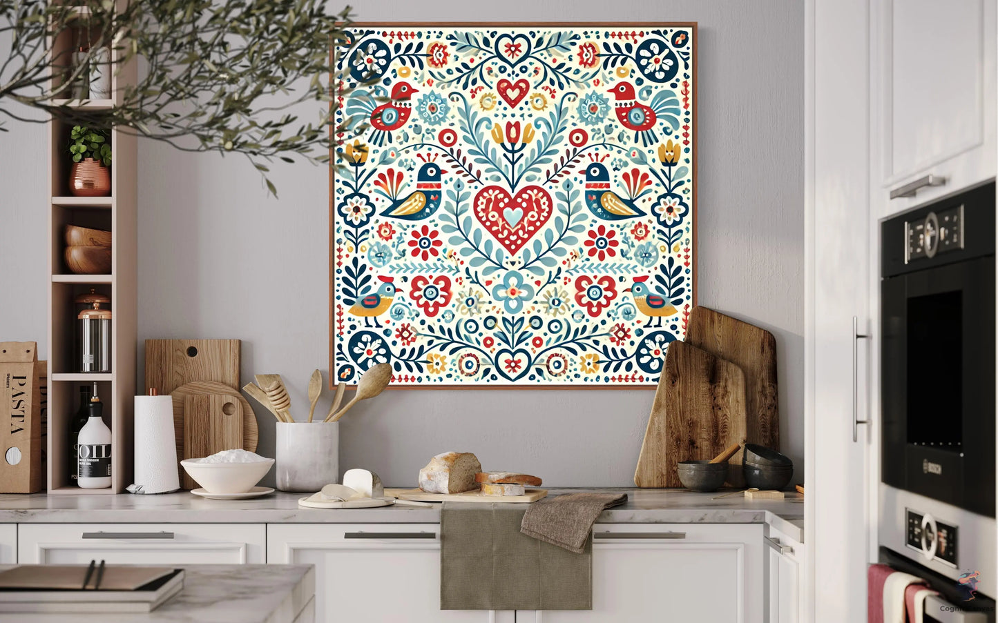 Printable Scandinavian folk art – vibrant birds and intricate florals for living room decor