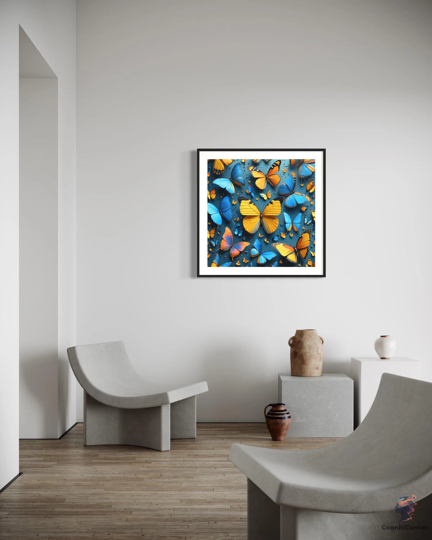 High-resolution AI butterfly artwork - blue and yellow abstract digital print