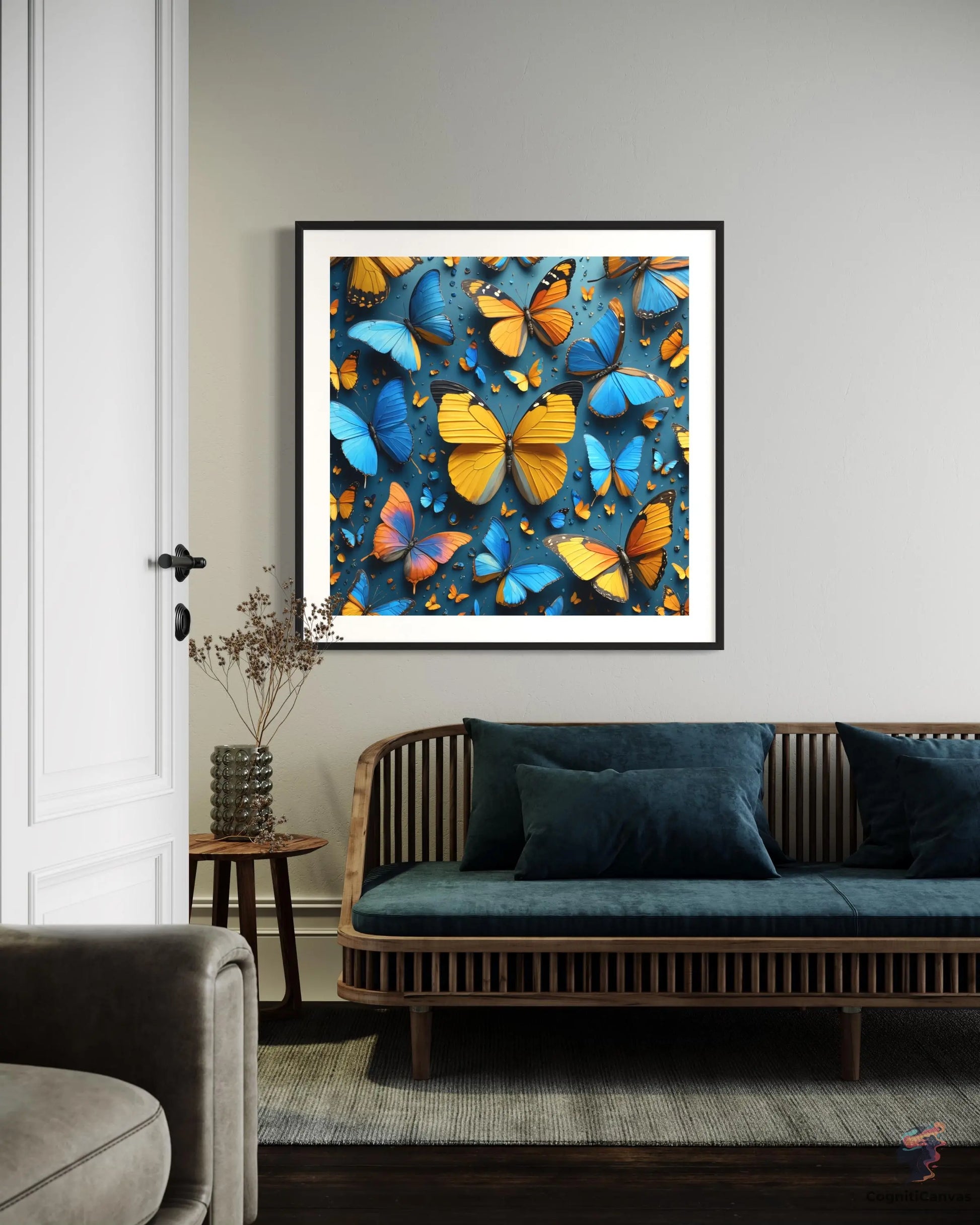 Affordable AI-generated butterfly art - blue and yellow abstract wall decor