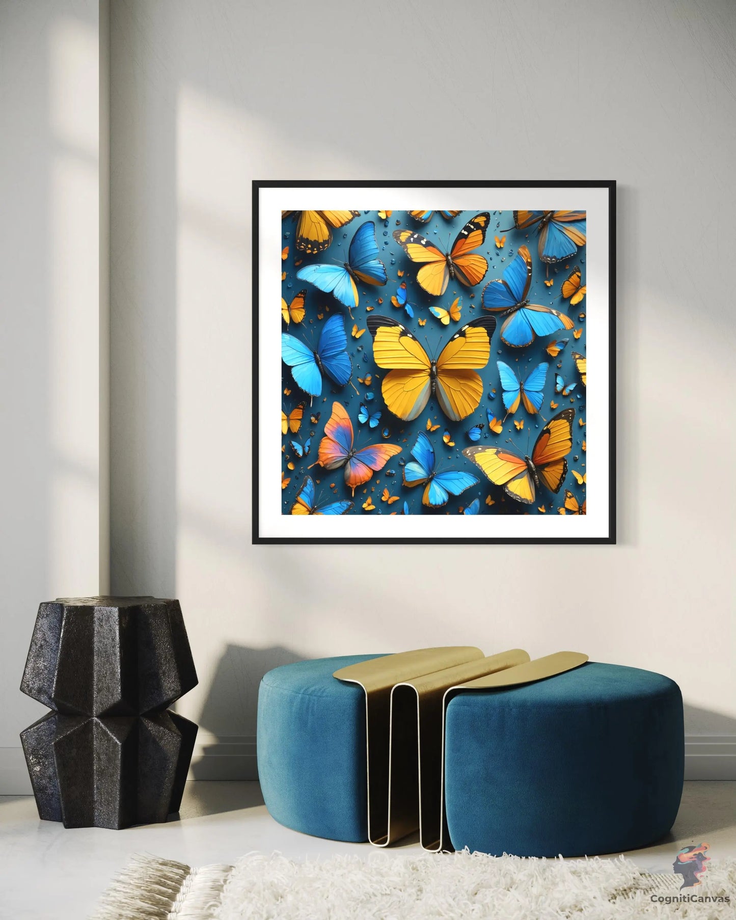 Printable AI butterfly digital art - blue and yellow abstract design