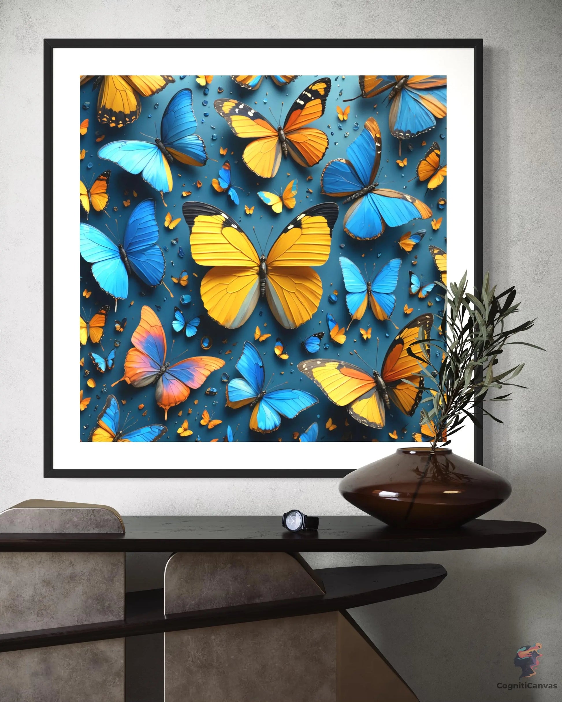 Modern AI butterfly digital art - blue and yellow abstract wall print