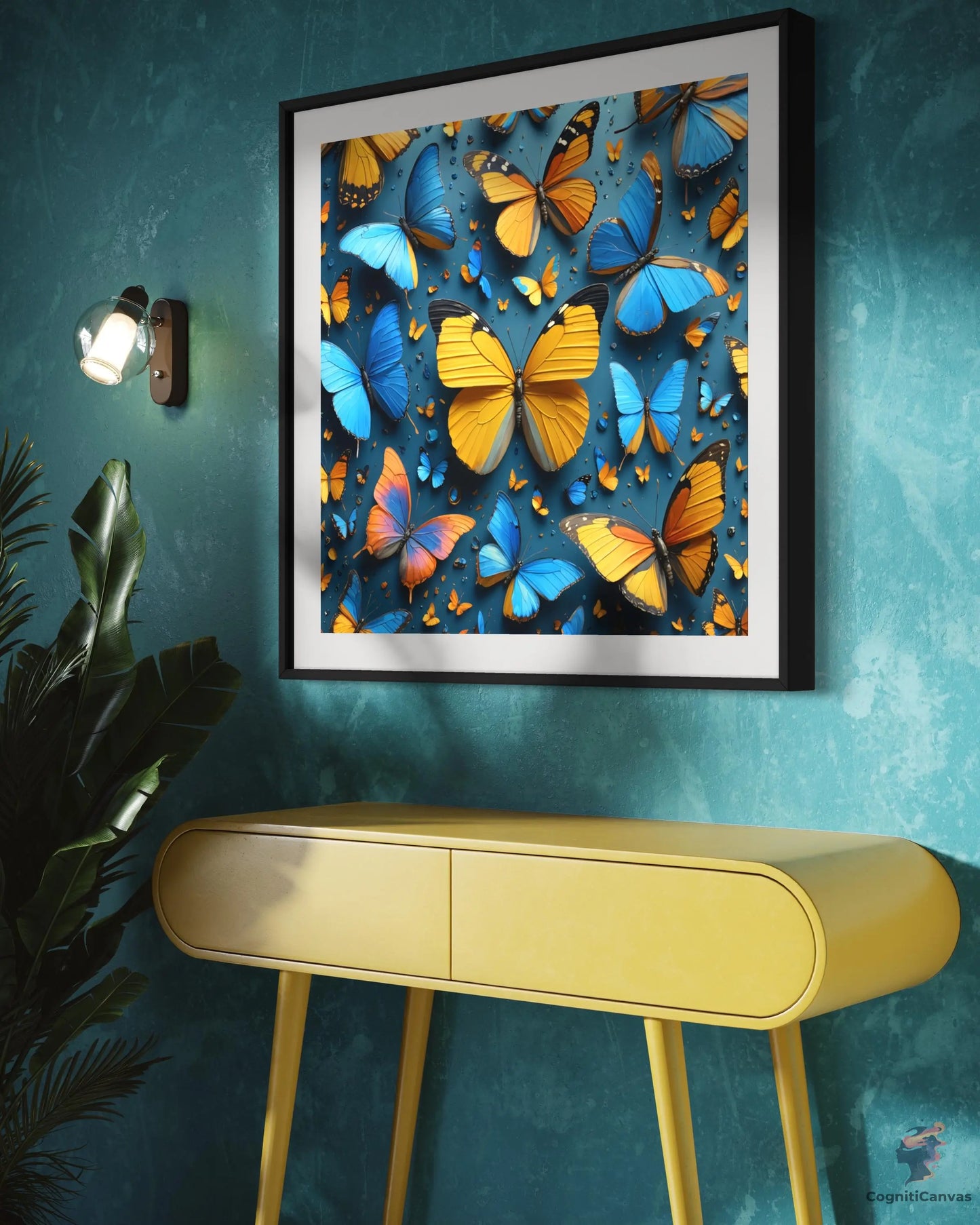 High-quality AI butterfly digital artwork - blue and yellow abstract decor