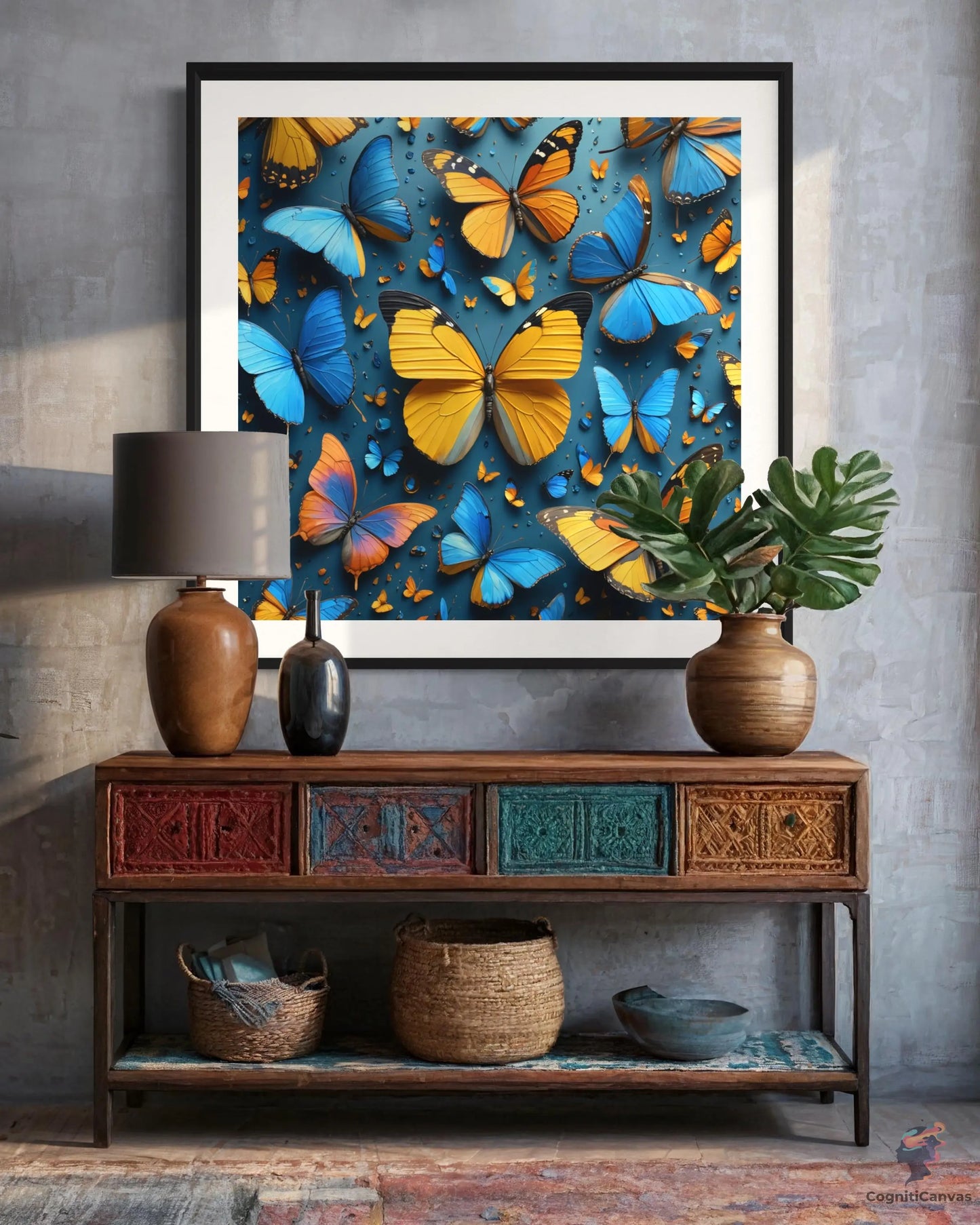 AI-generated butterfly wall art - blue and yellow abstract printable design