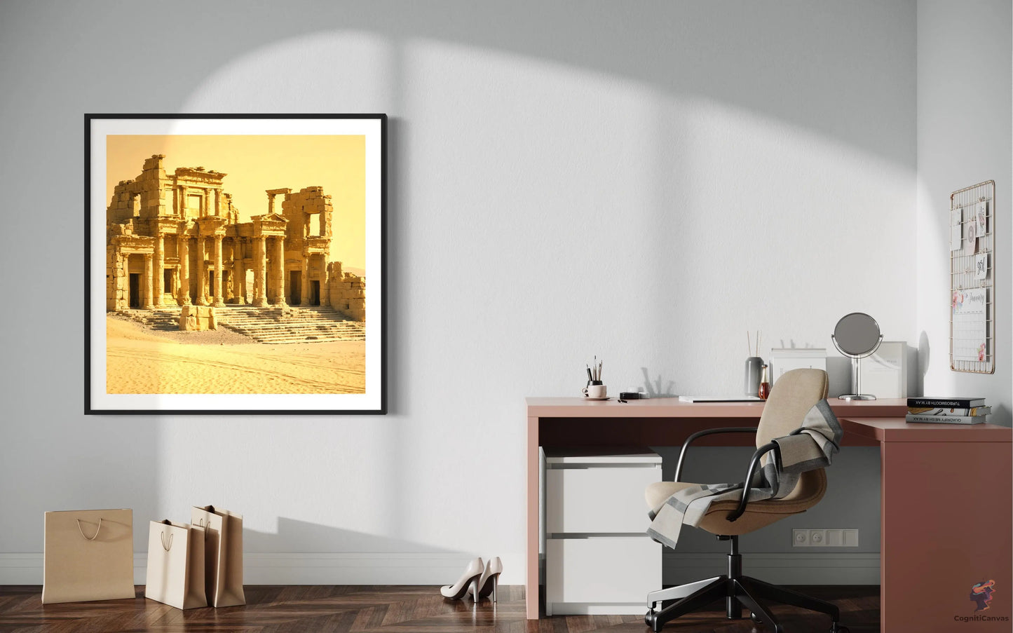 High-resolution AI art depicting ancient Roman ruins in a desert landscape