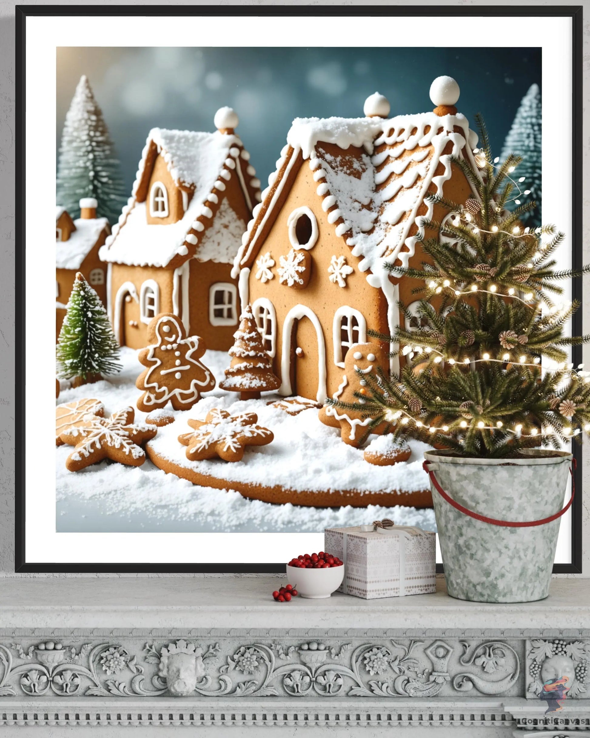 Unique AI-generated depiction of a decorated gingerbread house - suitable for festive wall art