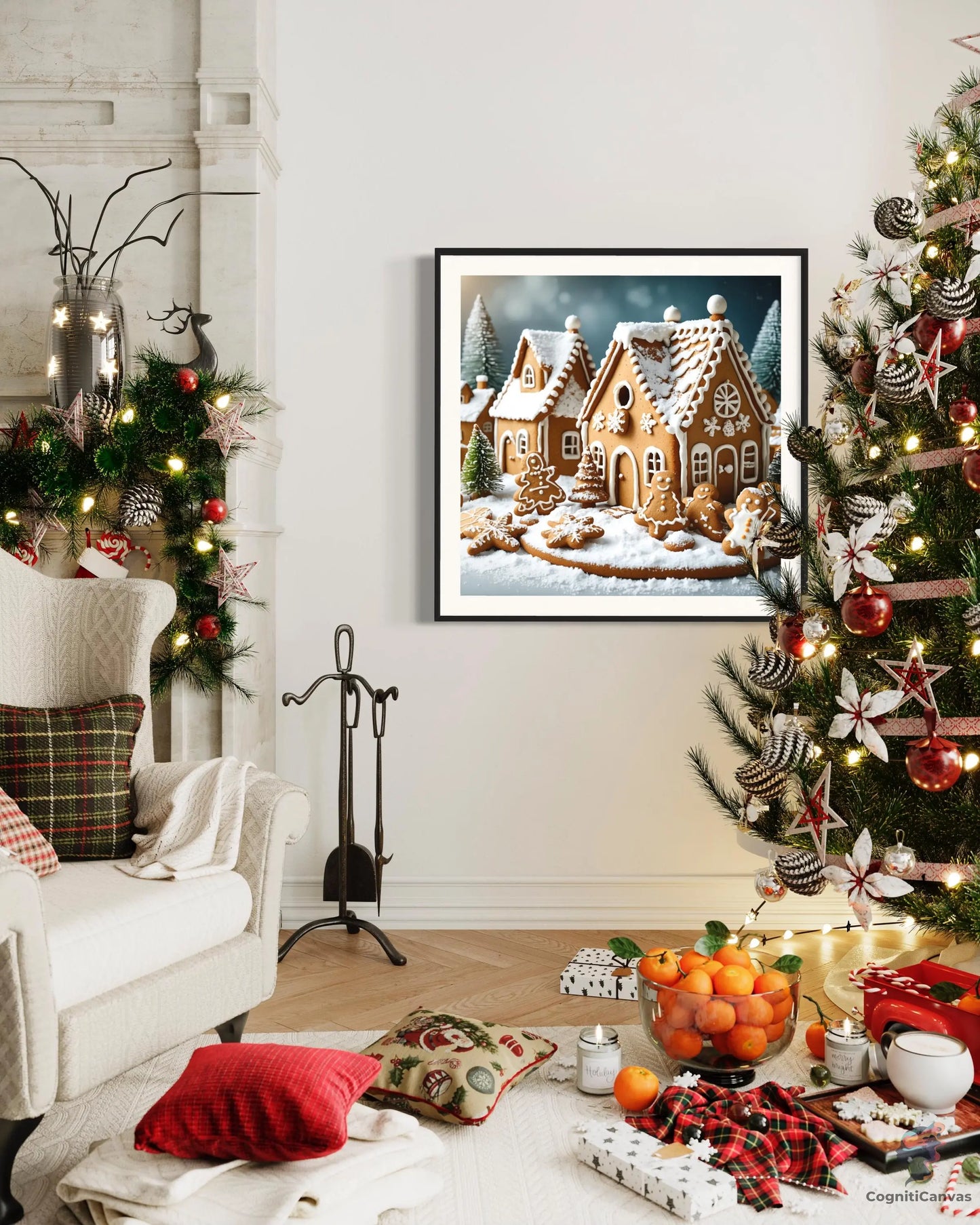 Printable gingerbread house artwork - AI-generated holiday decoration for kitchen or living room