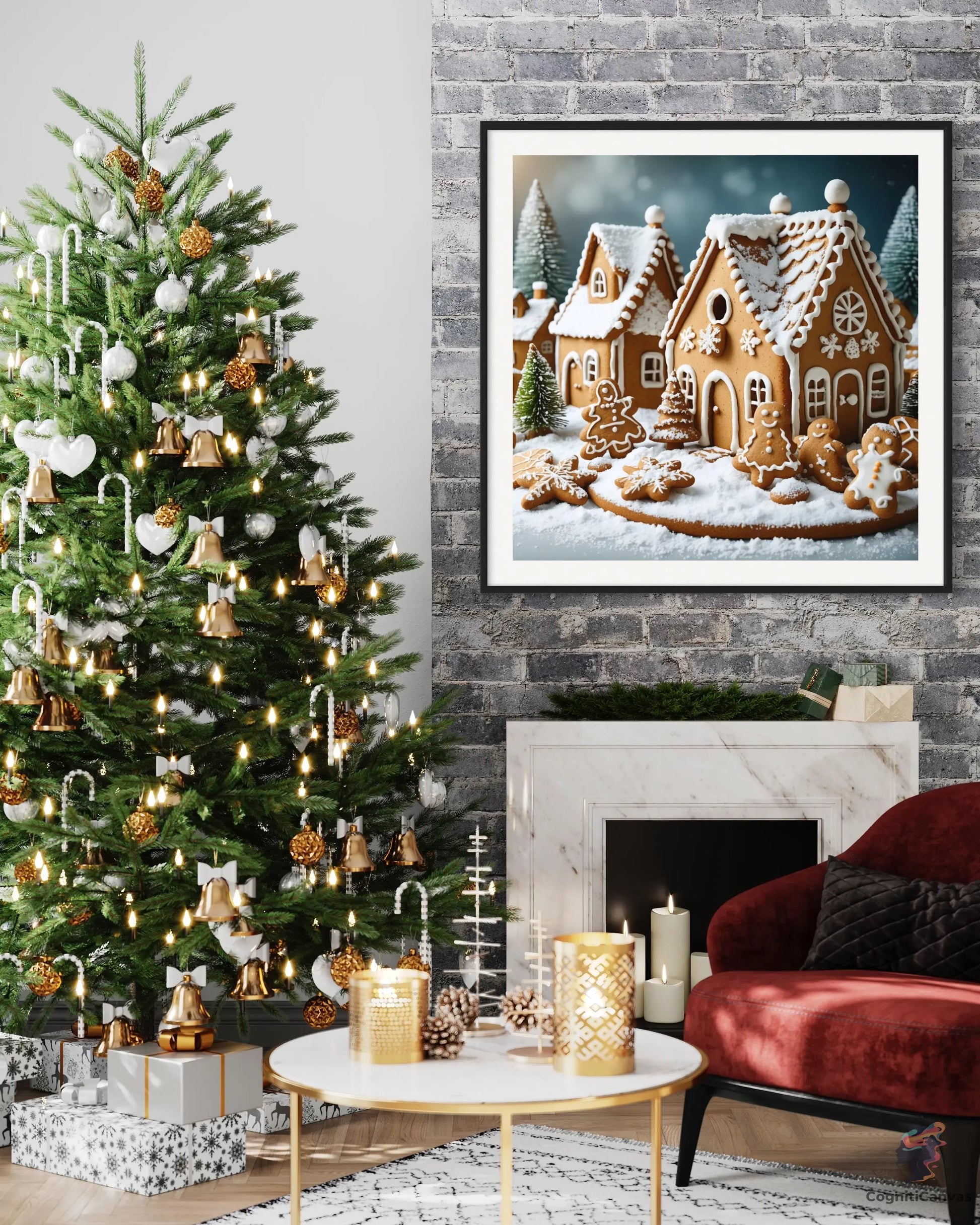 AI-generated modern wall art featuring a gingerbread house - digital download for seasonal decor