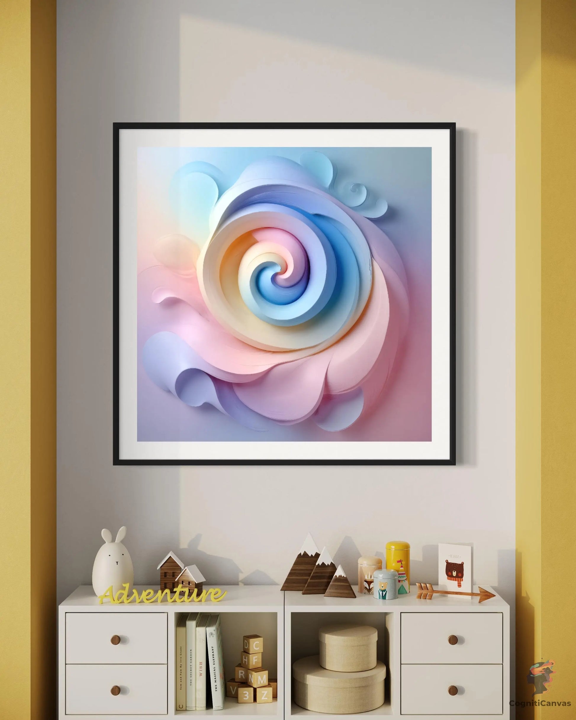 Printable AI-generated abstract artwork – spiral motif adorned with paper flowers