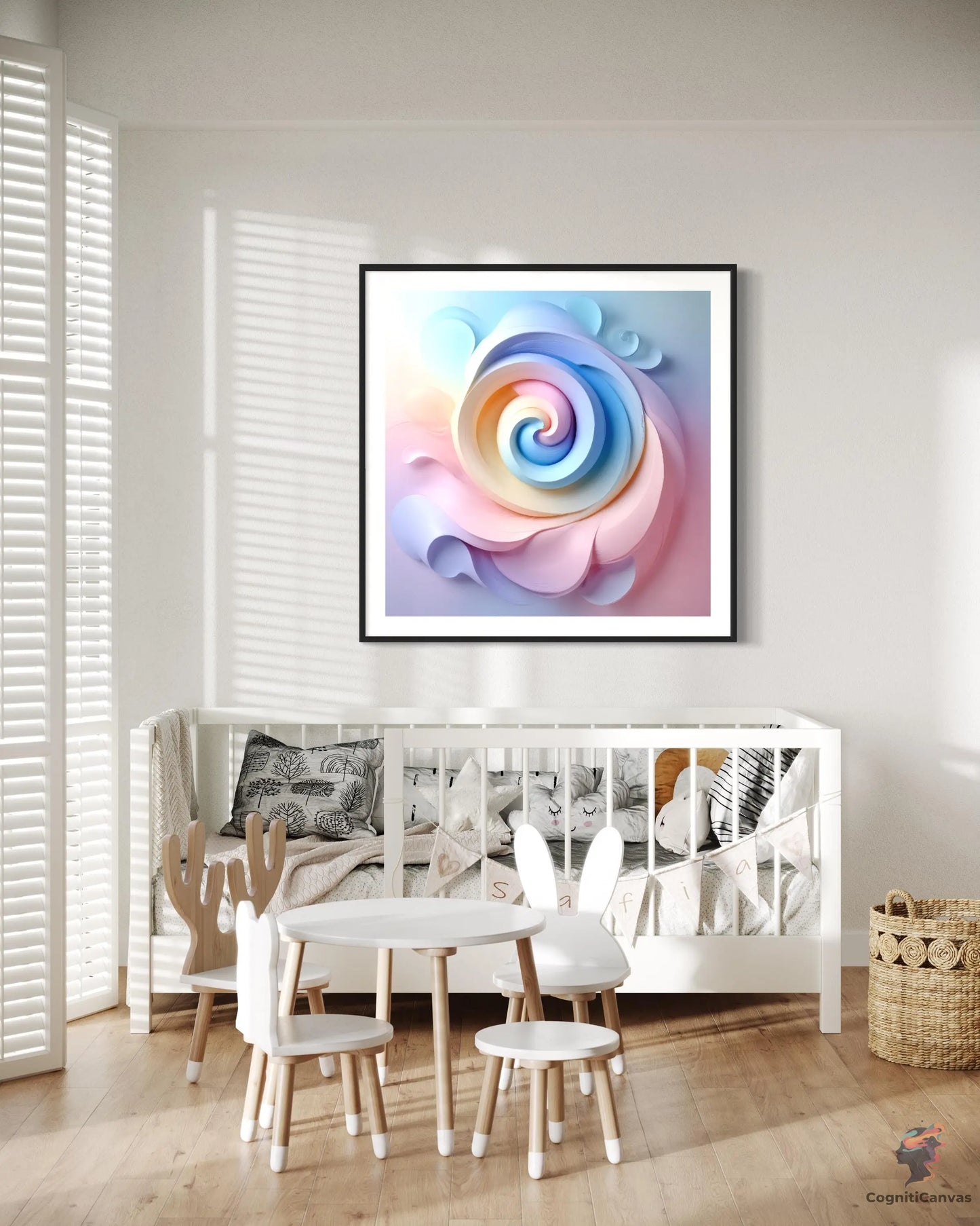 Affordable digital download – AI-generated abstract spiral and paper flowers illustration for home decor