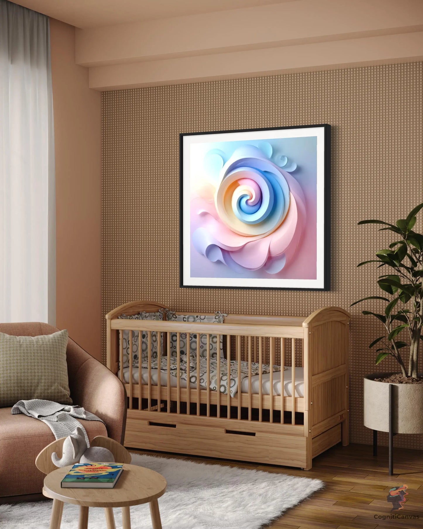 Printable abstract artwork – AI-generated spiral and paper flowers design for office decor