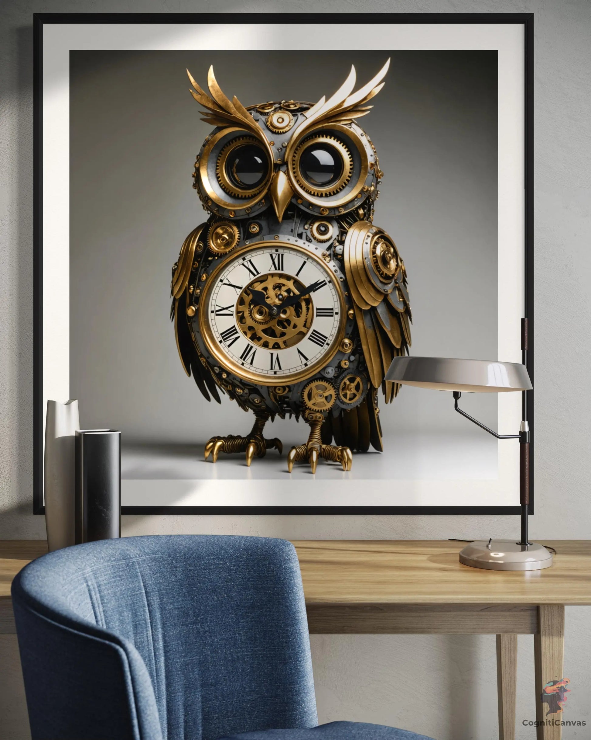 Unique AI-generated modern abstract art with antique clock and owl theme"