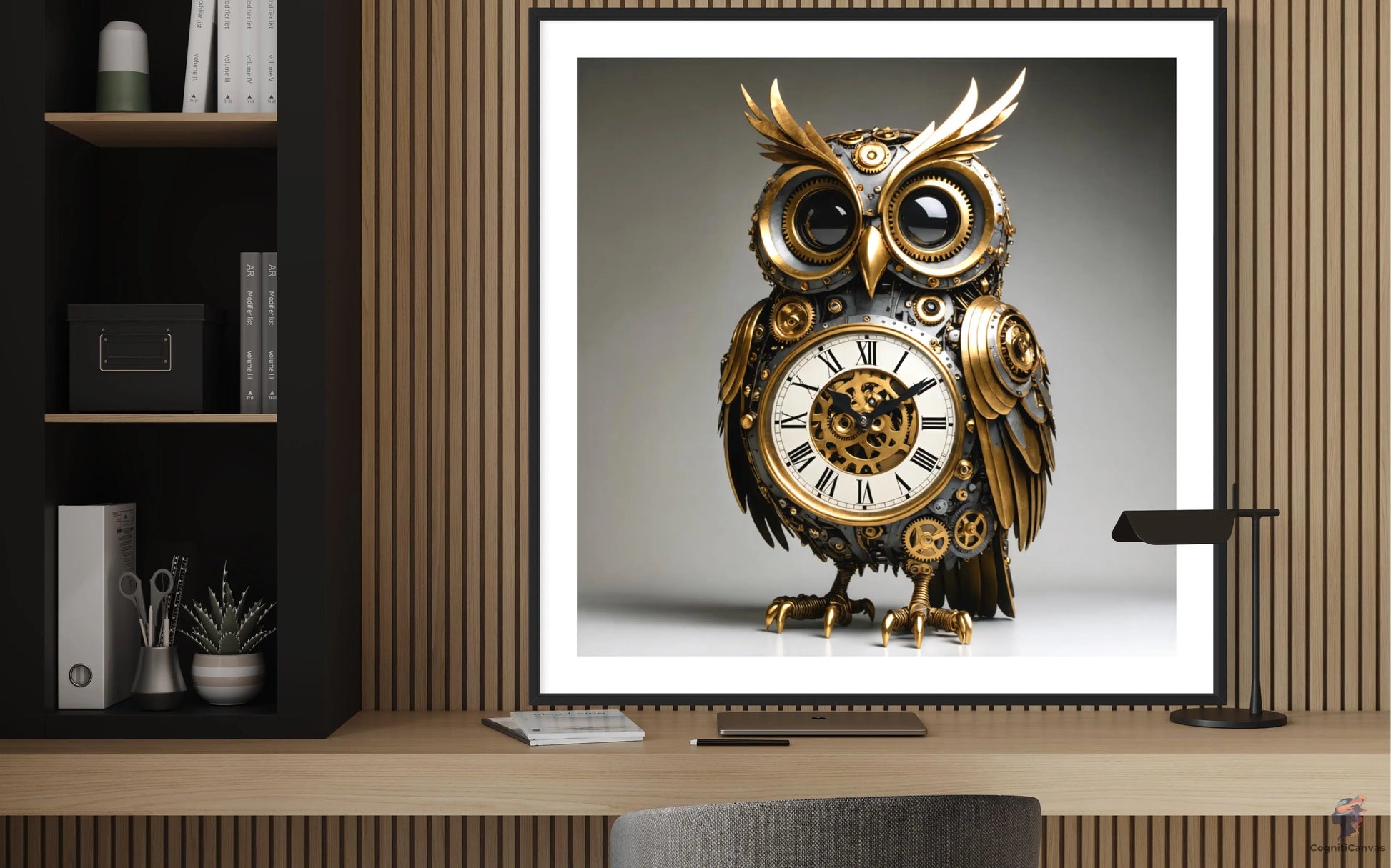 High-quality AI-generated abstract art featuring an antique clock and owl design