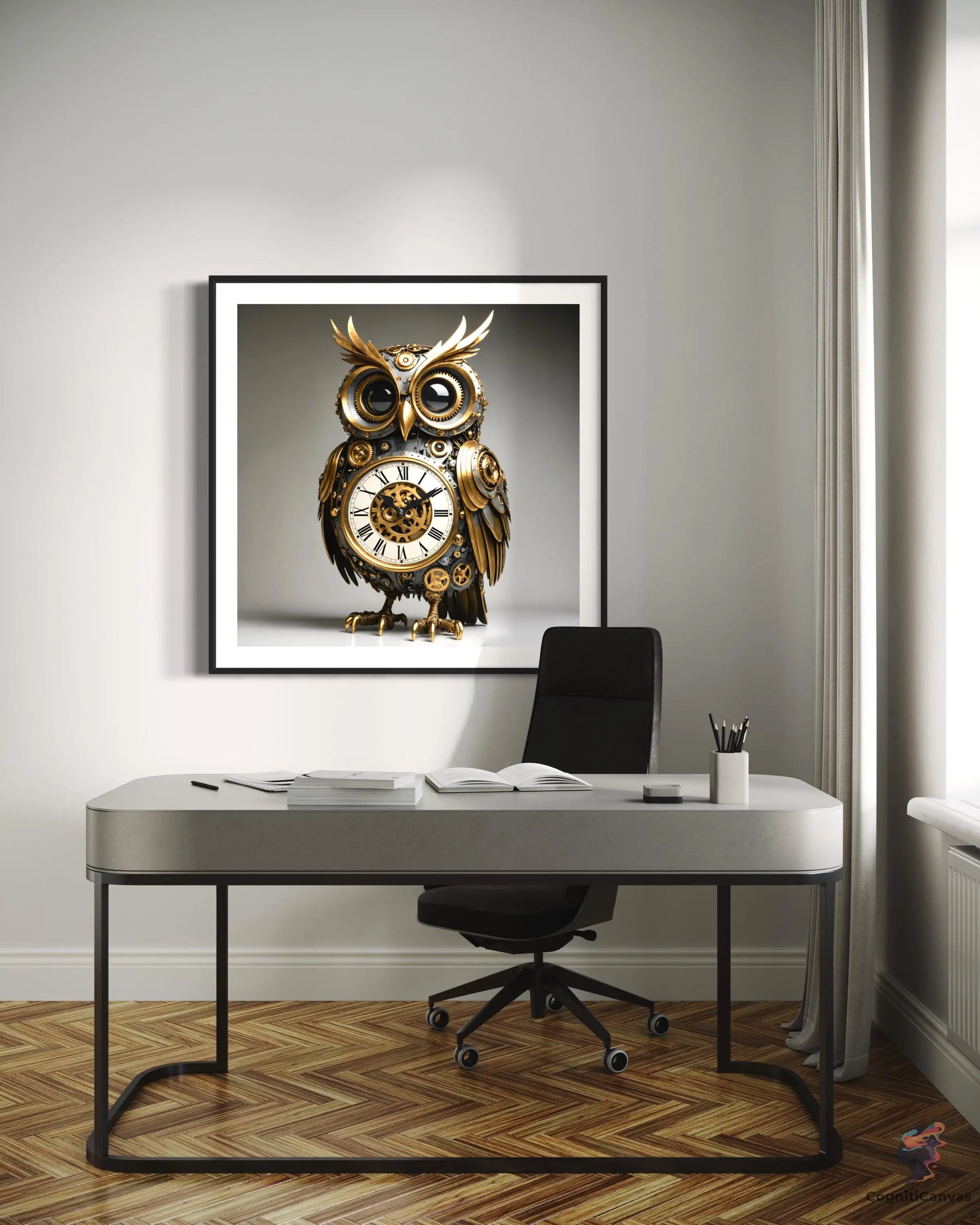 Unique AI-generated abstract design featuring an antique clock and owl illustration