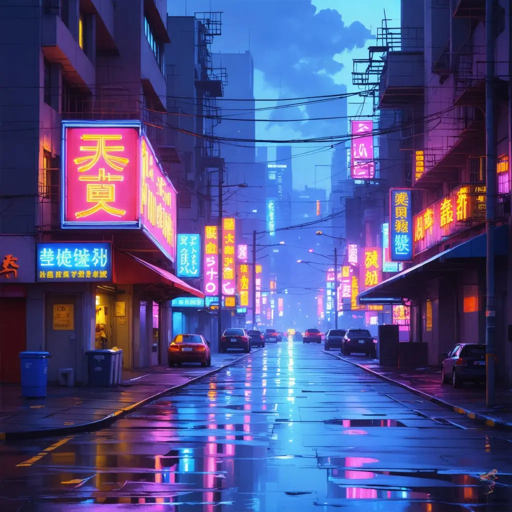 AI-generated neon cityscape art - rainy night in the metropolis digital download by CognitiCanvas