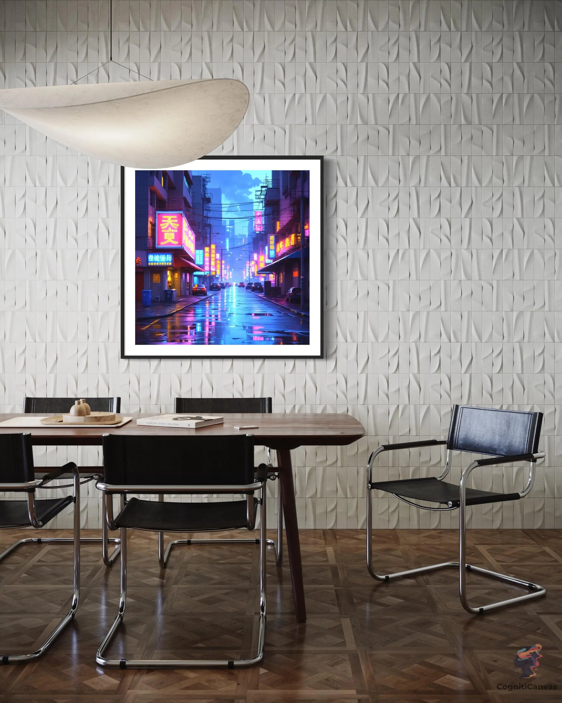 High-resolution AI art of a neon-lit cityscape on a rainy night - perfect for modern decor