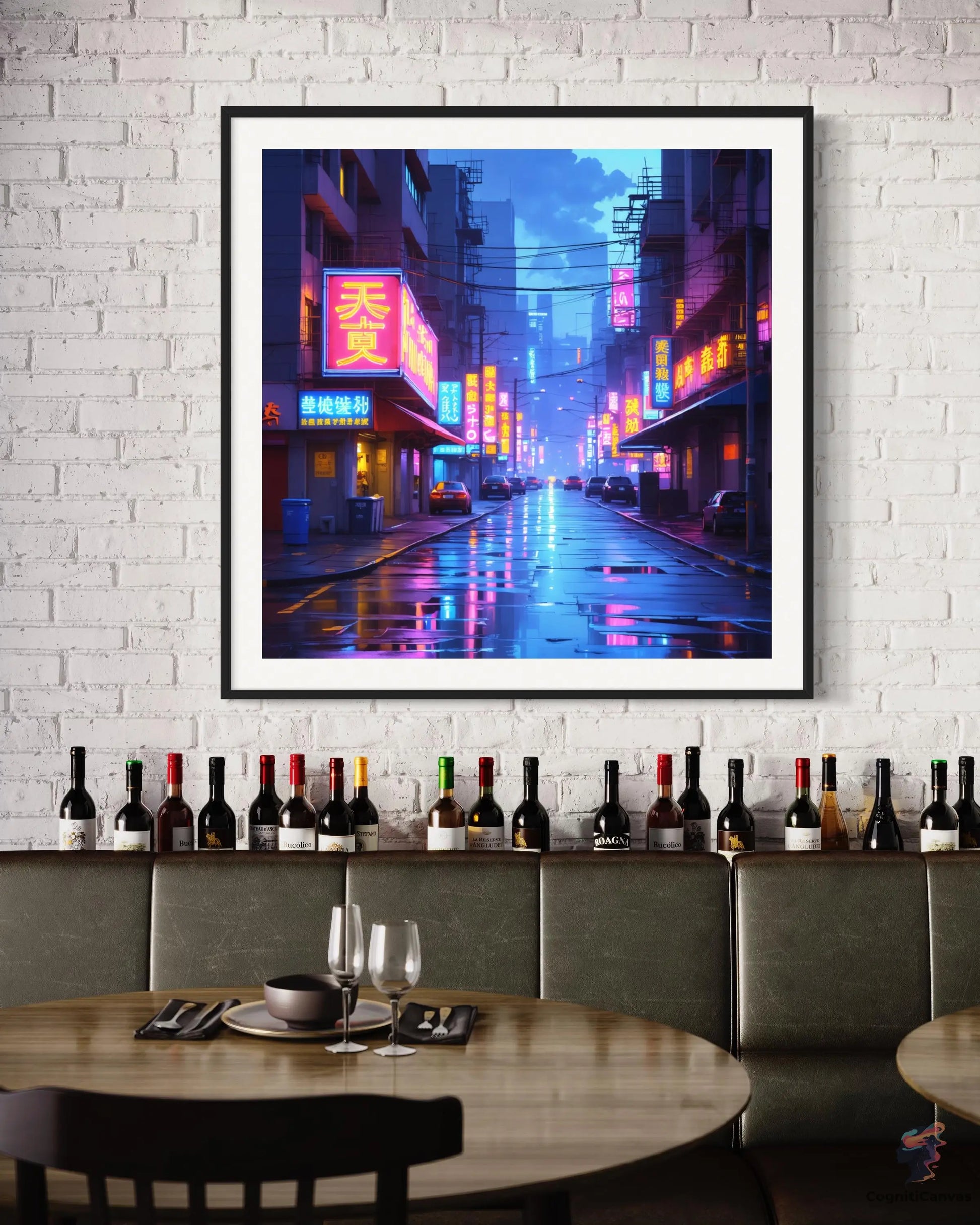 High-quality AI-generated cityscape art featuring a rainy night with glowing neon lights