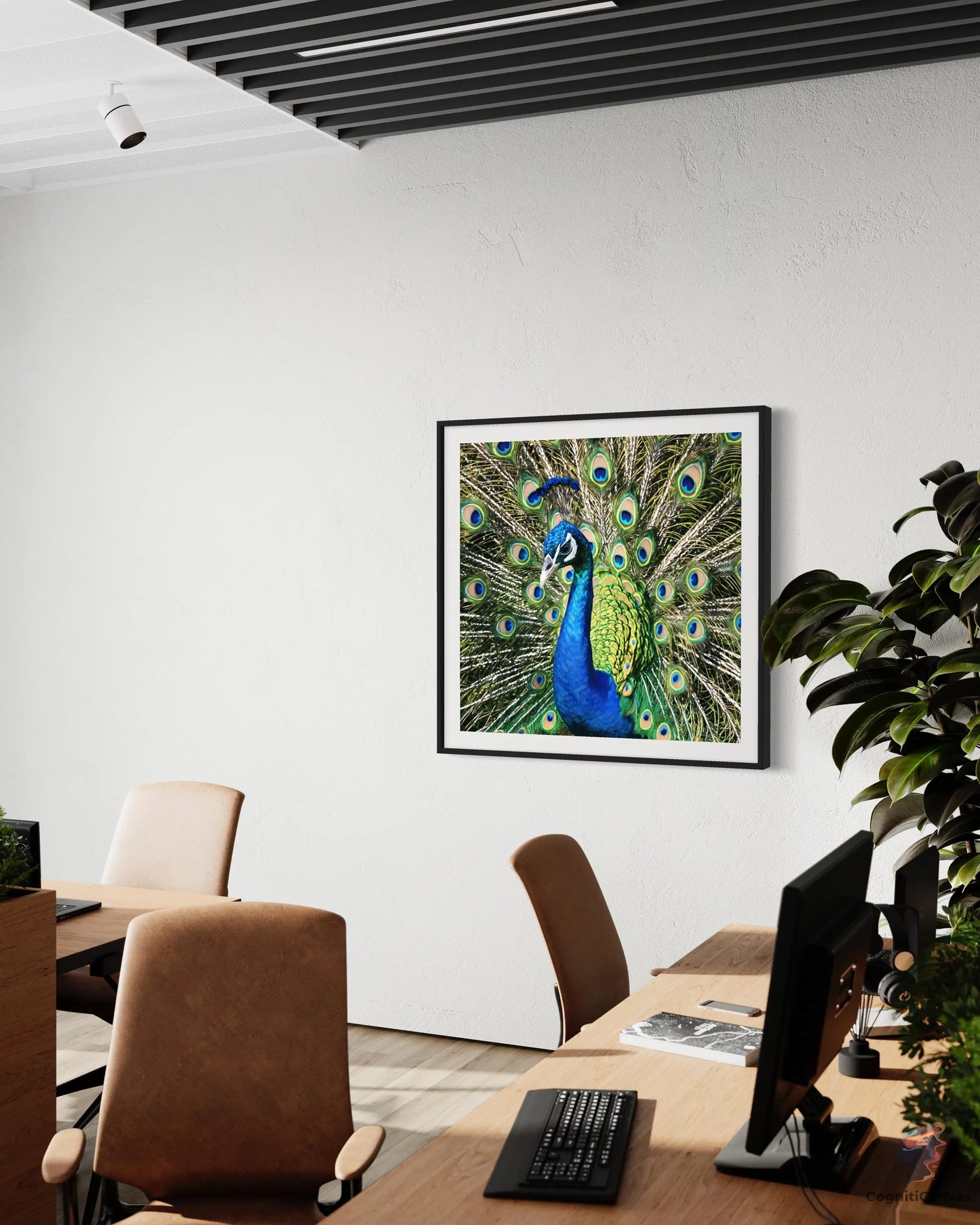 Unique AI-generated digital art featuring a vibrant peacock - suitable for living room decor