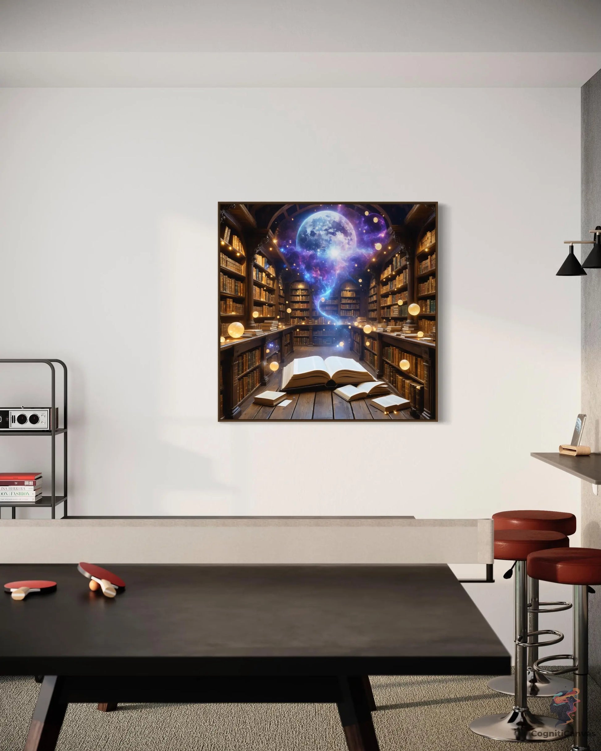 High-resolution AI art featuring a universe theme with bookshelf elements