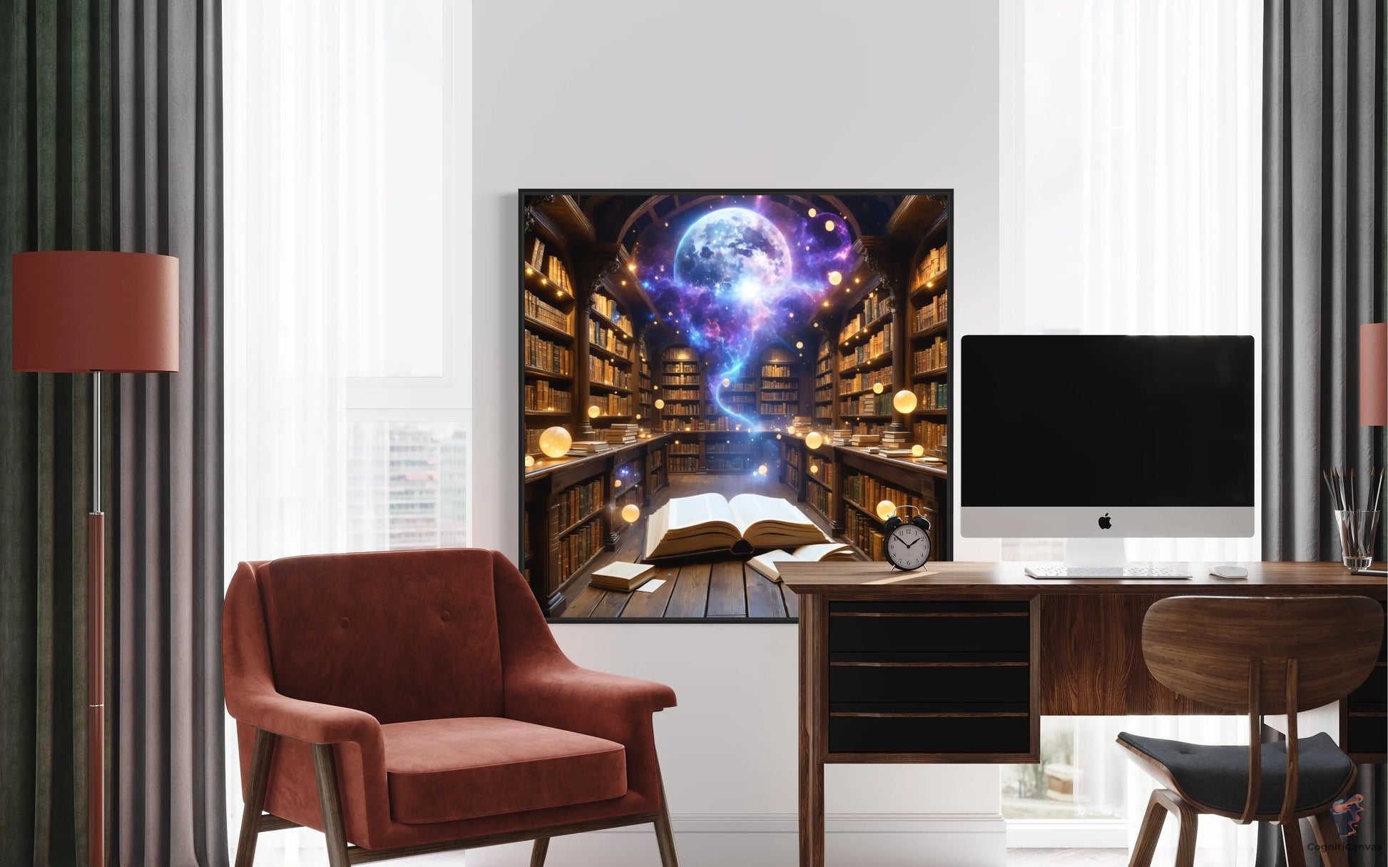 Unique AI-generated digital art depicting a modern bookshelf with scientific motifs