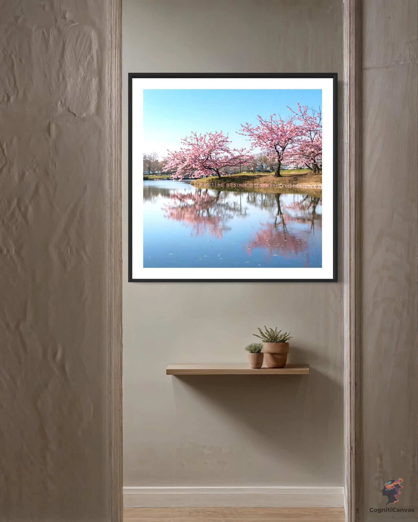 High-resolution AI art of springtime scene with pink blossoms and tree reflections