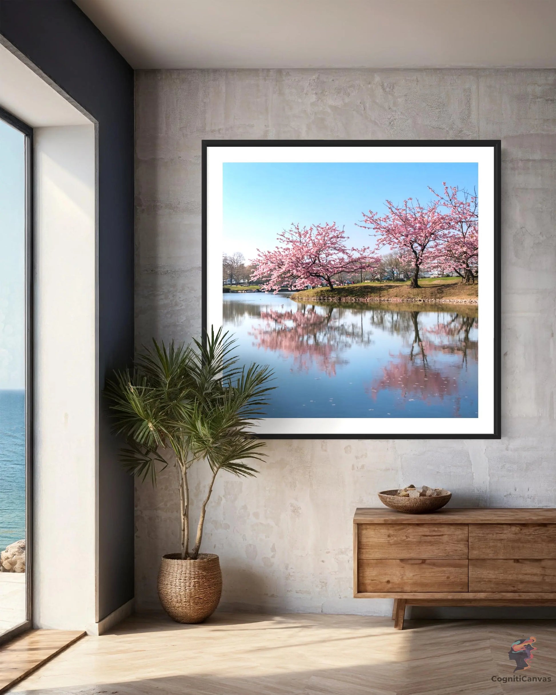 High-quality AI-generated art depicting serene spring landscape with water reflections