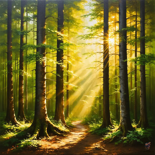 AI-generated sunlit forest wall art - vibrant natural landscape artwork by CognitiCanvas