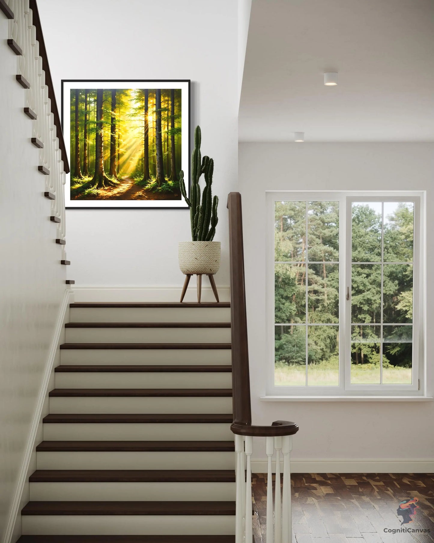 High-resolution AI art of a sunlit forest with lush greenery - perfect for home decor