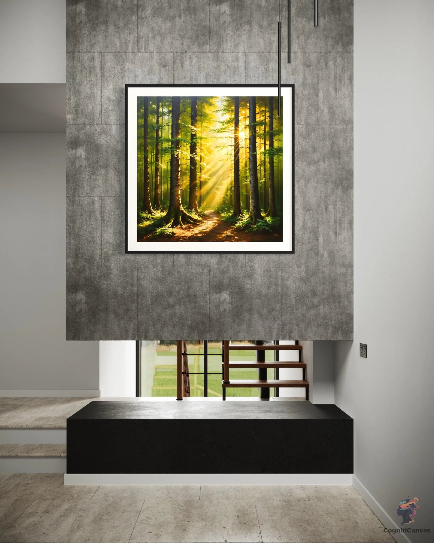 Printable AI-generated forest landscape artwork - ideal for office wall decoration