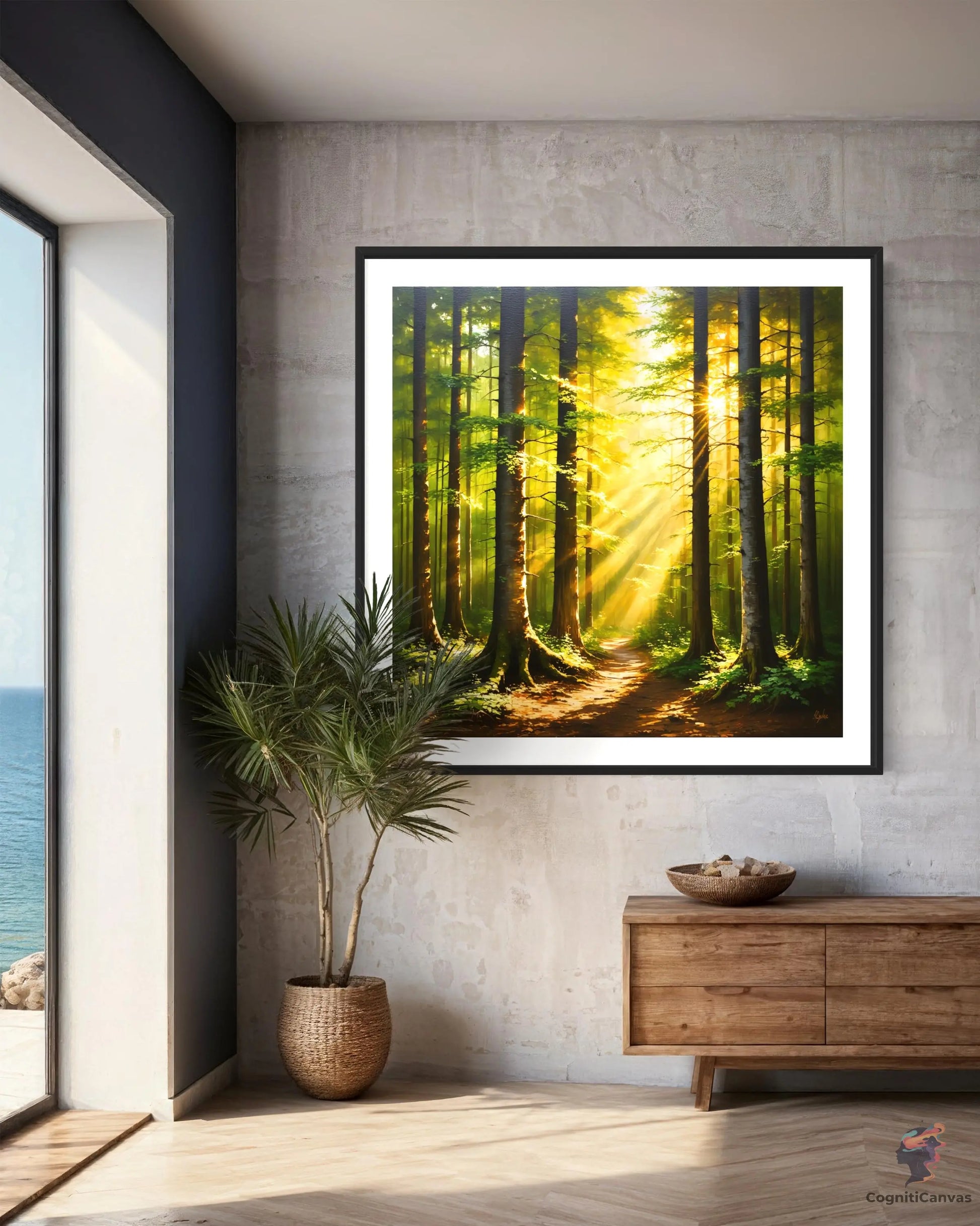 Unique AI-generated digital art featuring a sunlit forest scene - suitable for living room decor