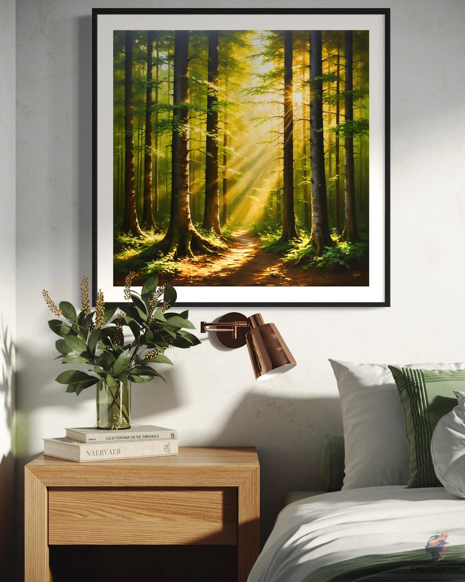 High-quality AI-generated art depicting a vibrant sunlit forest - instant download for bedroom decor