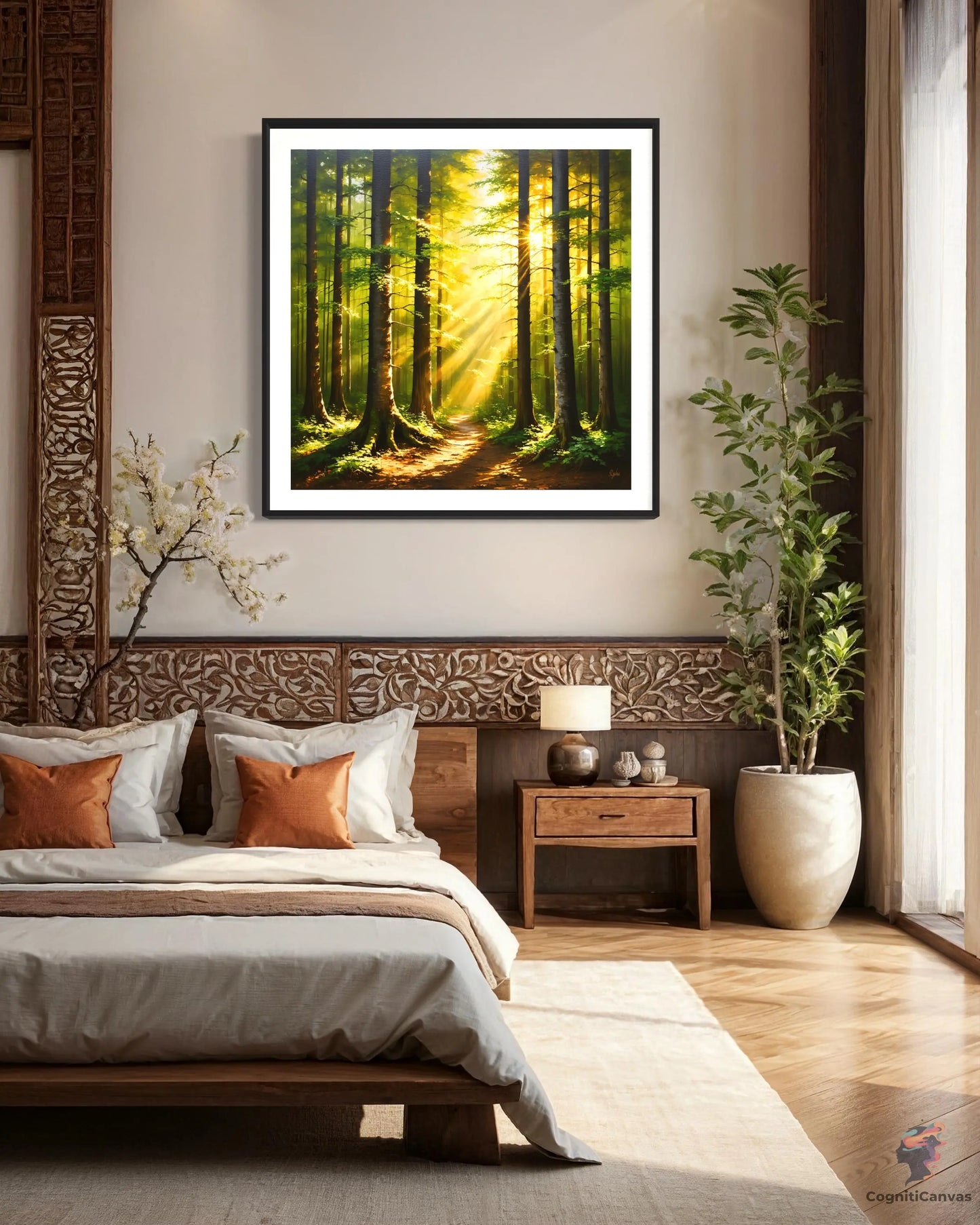 Modern AI-generated digital art of a sunlit forest - serene landscape wall art for home