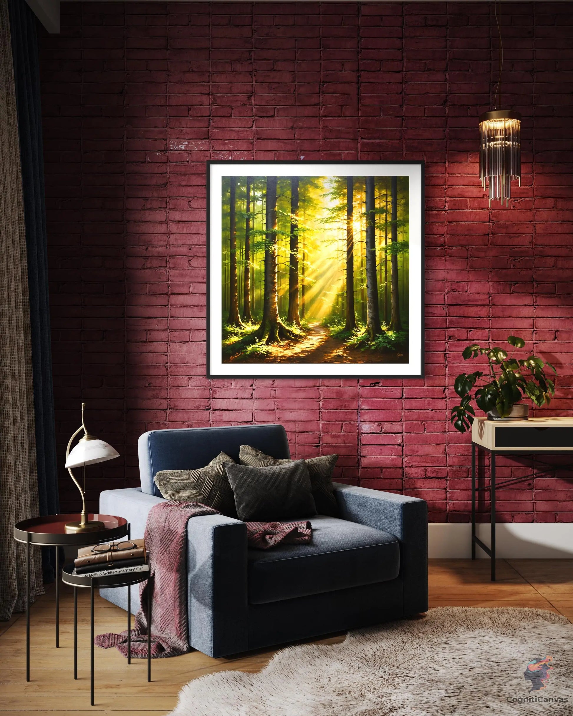 Printable sunlit forest artwork - AI-generated natural landscape for office interiors