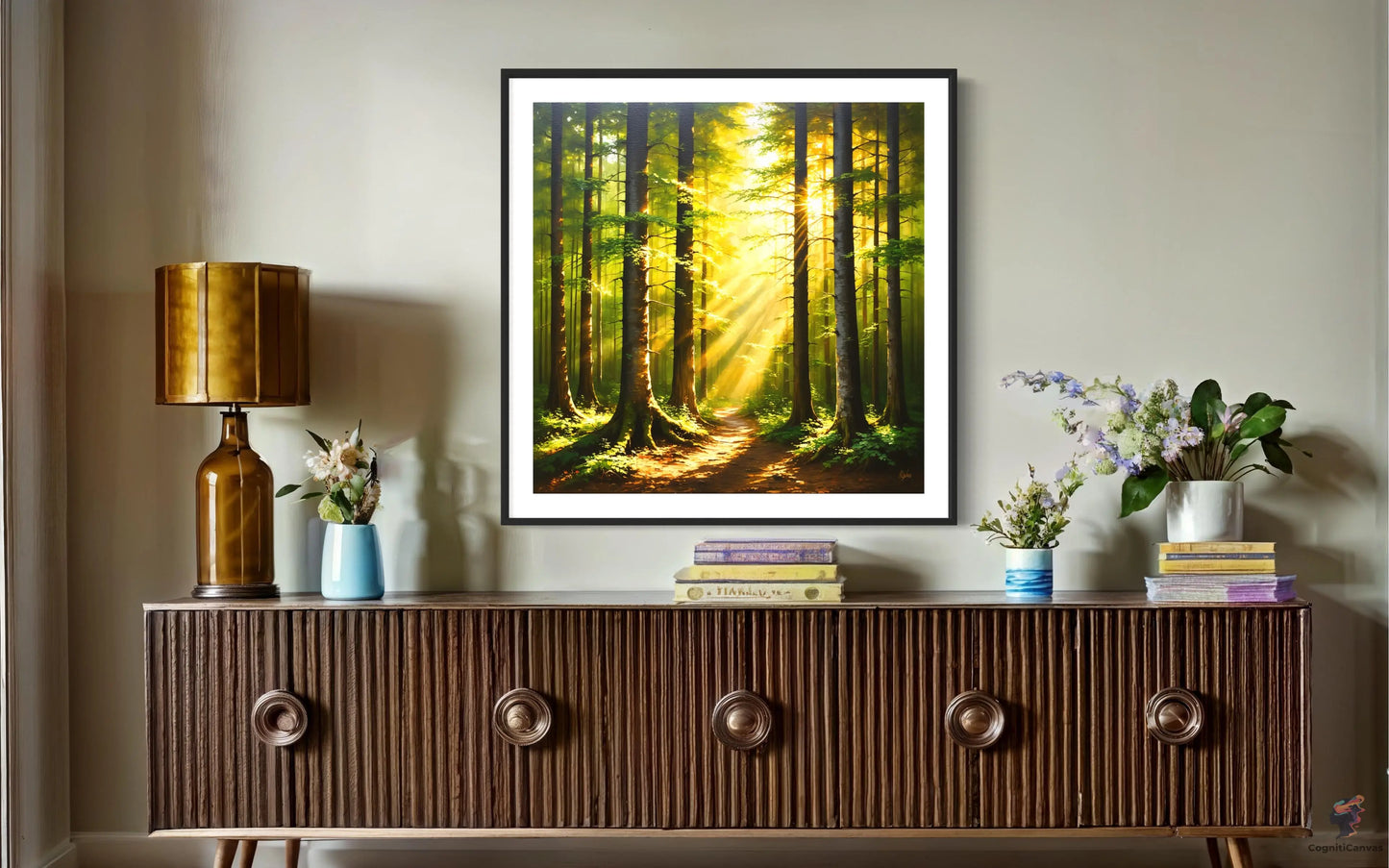 Sunlit forest wall art - AI-generated digital landscape artwork by CognitiCanvas