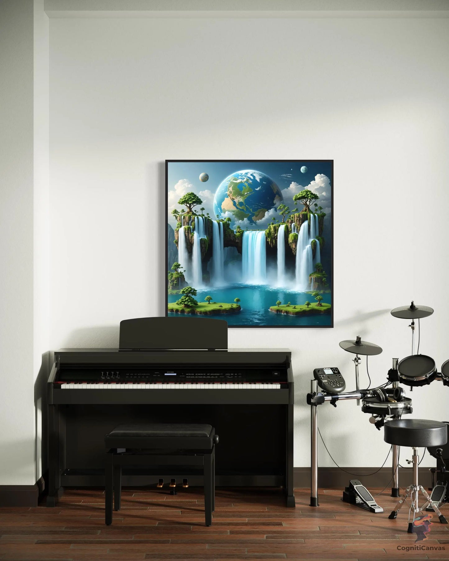 High-resolution AI art of a tropical landscape featuring a waterfall and planet in vibrant blue hues