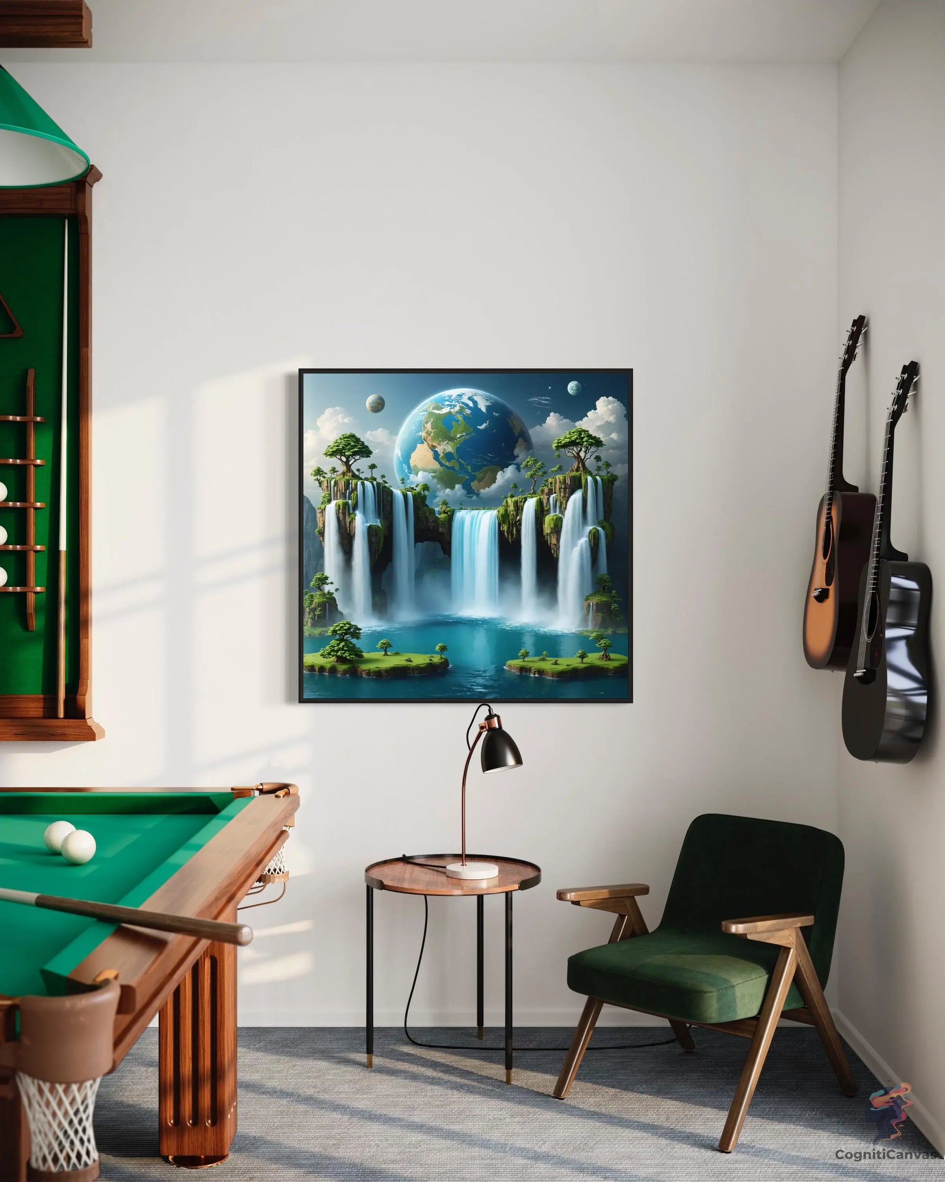 Printable AI-generated tropical scene with a striking waterfall and celestial elements