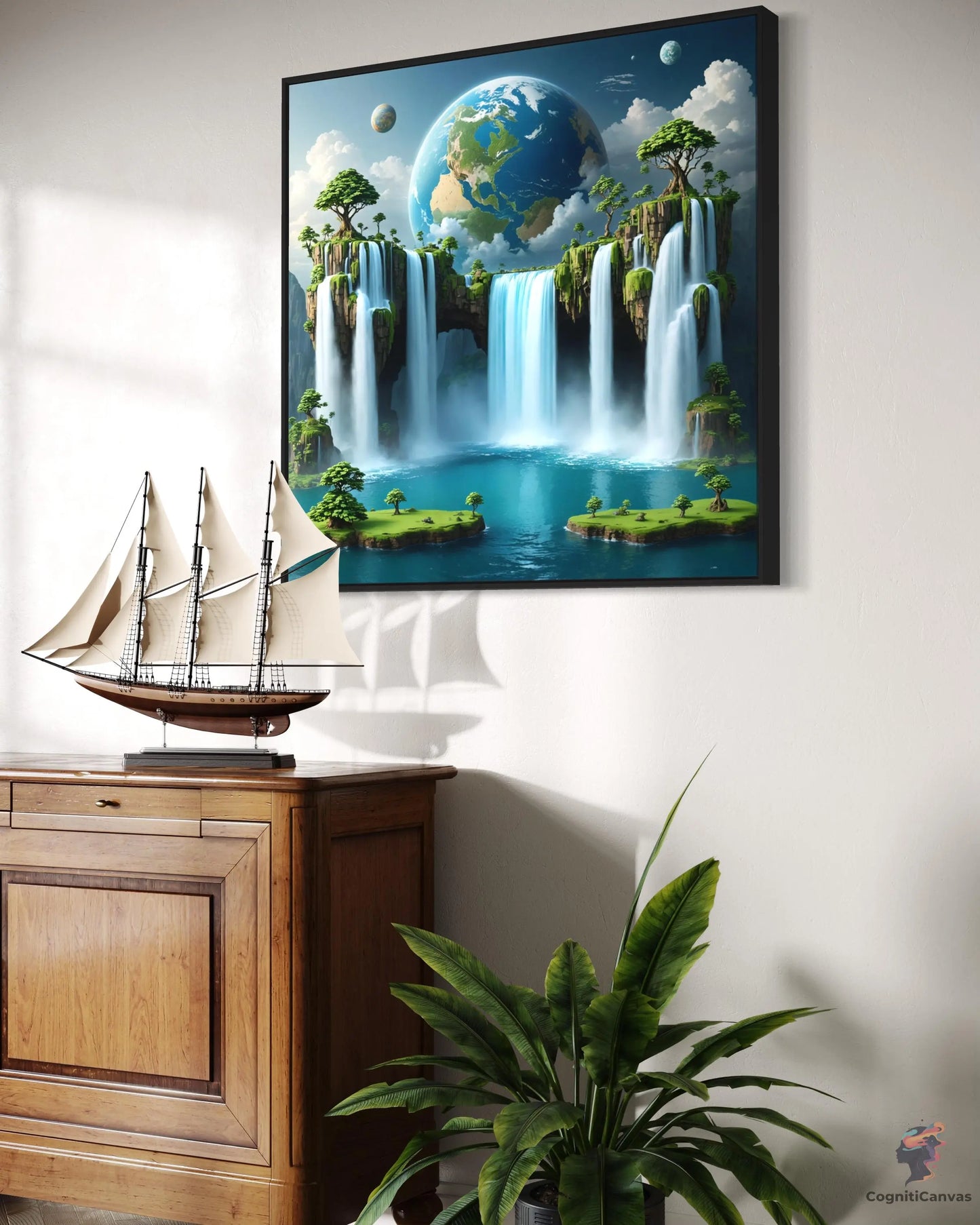 Unique AI-generated digital art depicting a vibrant tropical landscape with a waterfall and planet