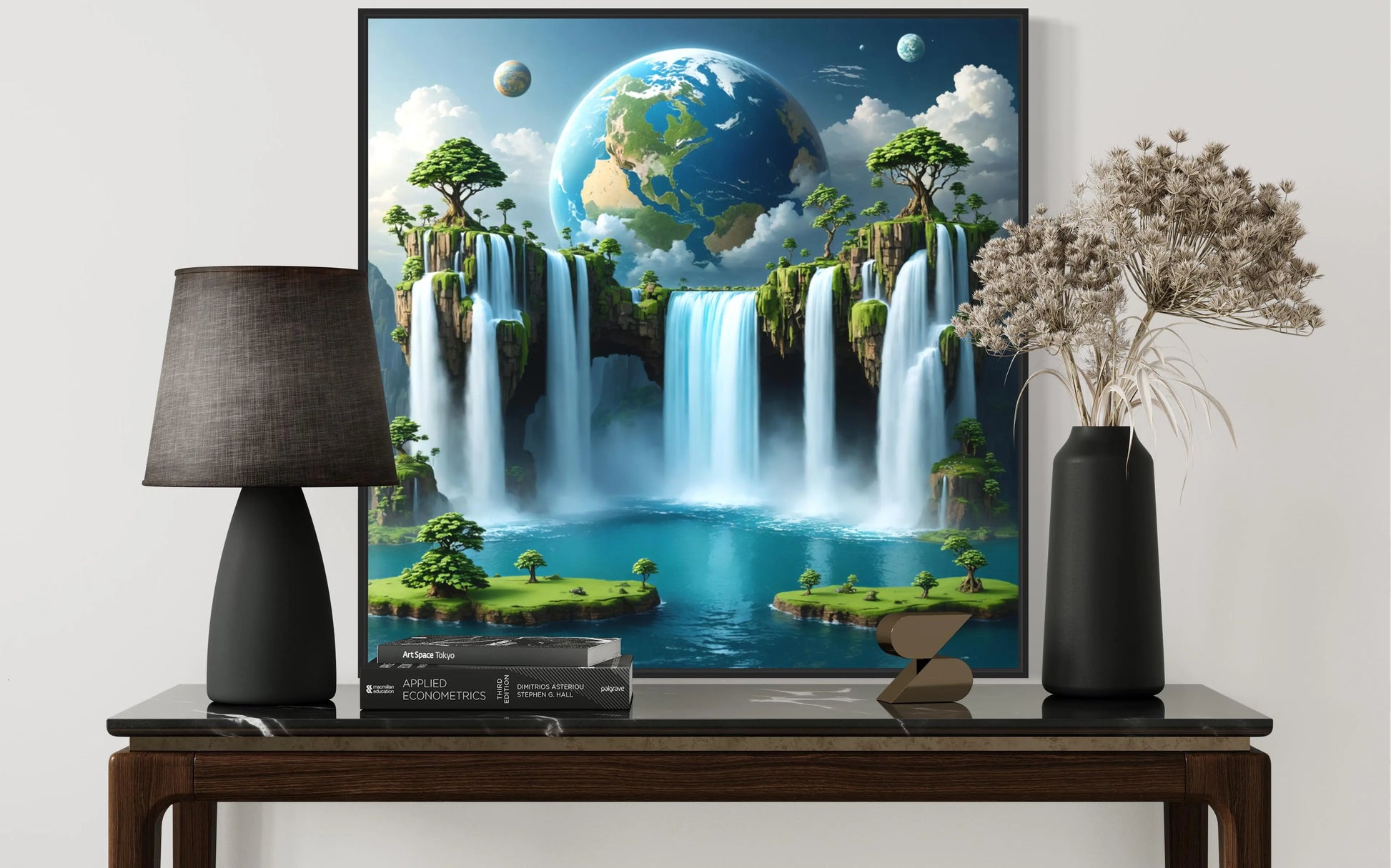 Modern AI-generated digital art of a tropical scene with a waterfall and celestial body