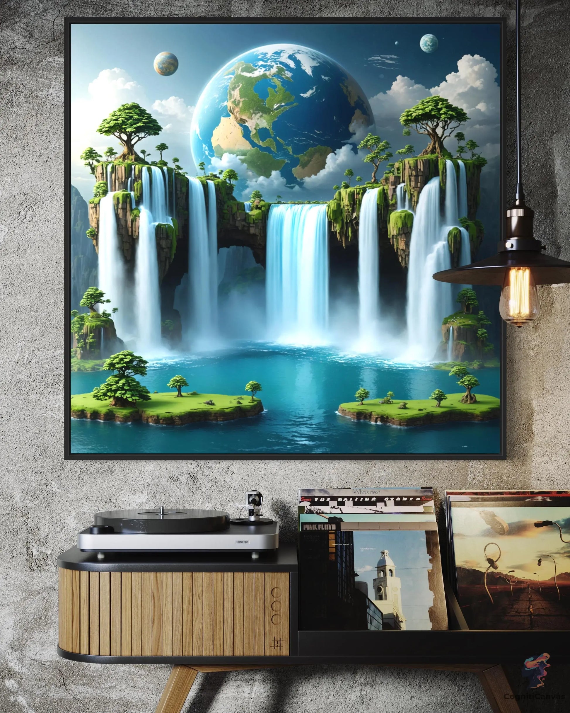 Printable tropical landscape artwork - AI-generated vibrant scene with waterfall and planet