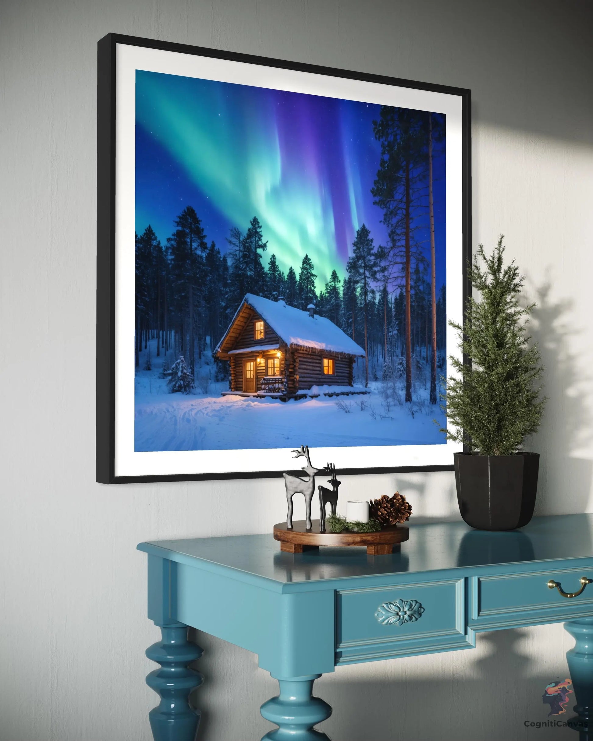 High-resolution AI art of a snowy night with a log cabin and aurora borealis