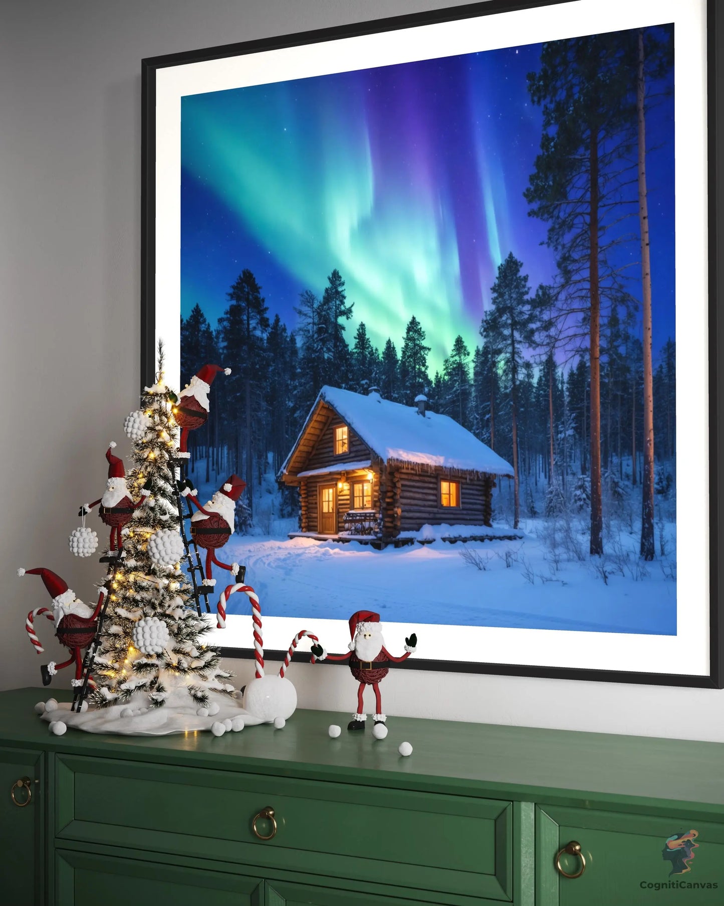 Printable AI-generated winter landscape featuring a cozy cabin under the northern lights