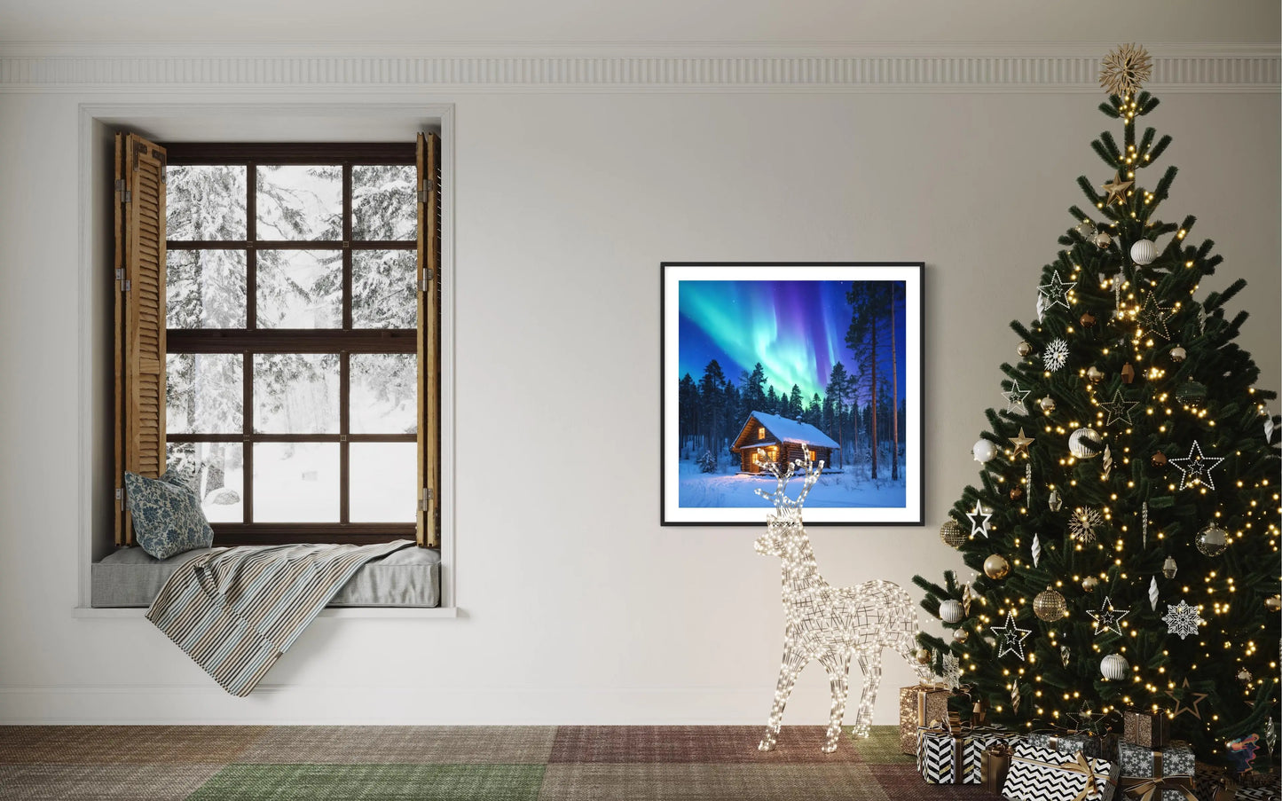 Modern AI-generated digital art of a winter landscape illuminated by the aurora borealis