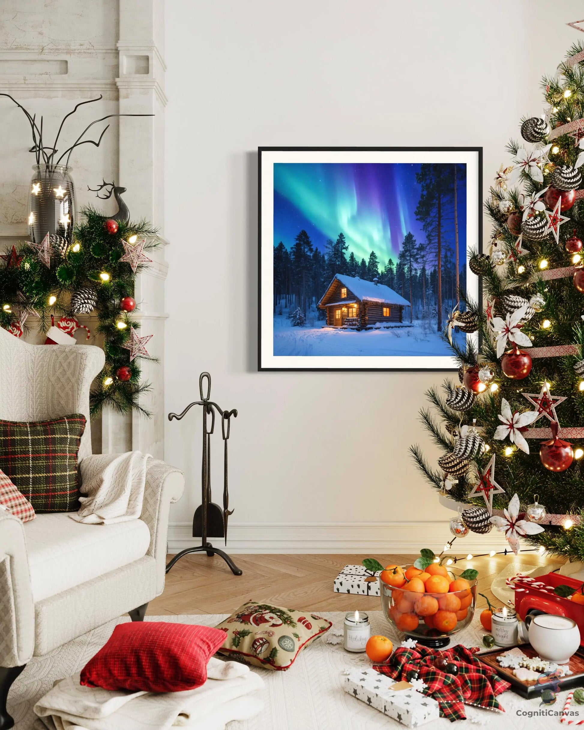 Printable winter night scene artwork - AI-generated cozy cabin under a starry sky