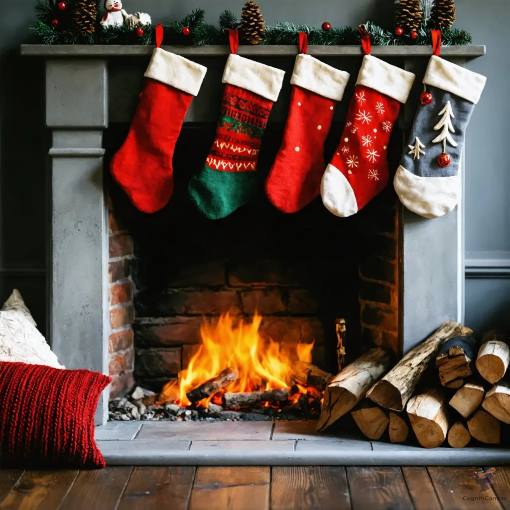 AI-generated red Christmas stocking art - affordable holiday decoration by CognitiCanvas