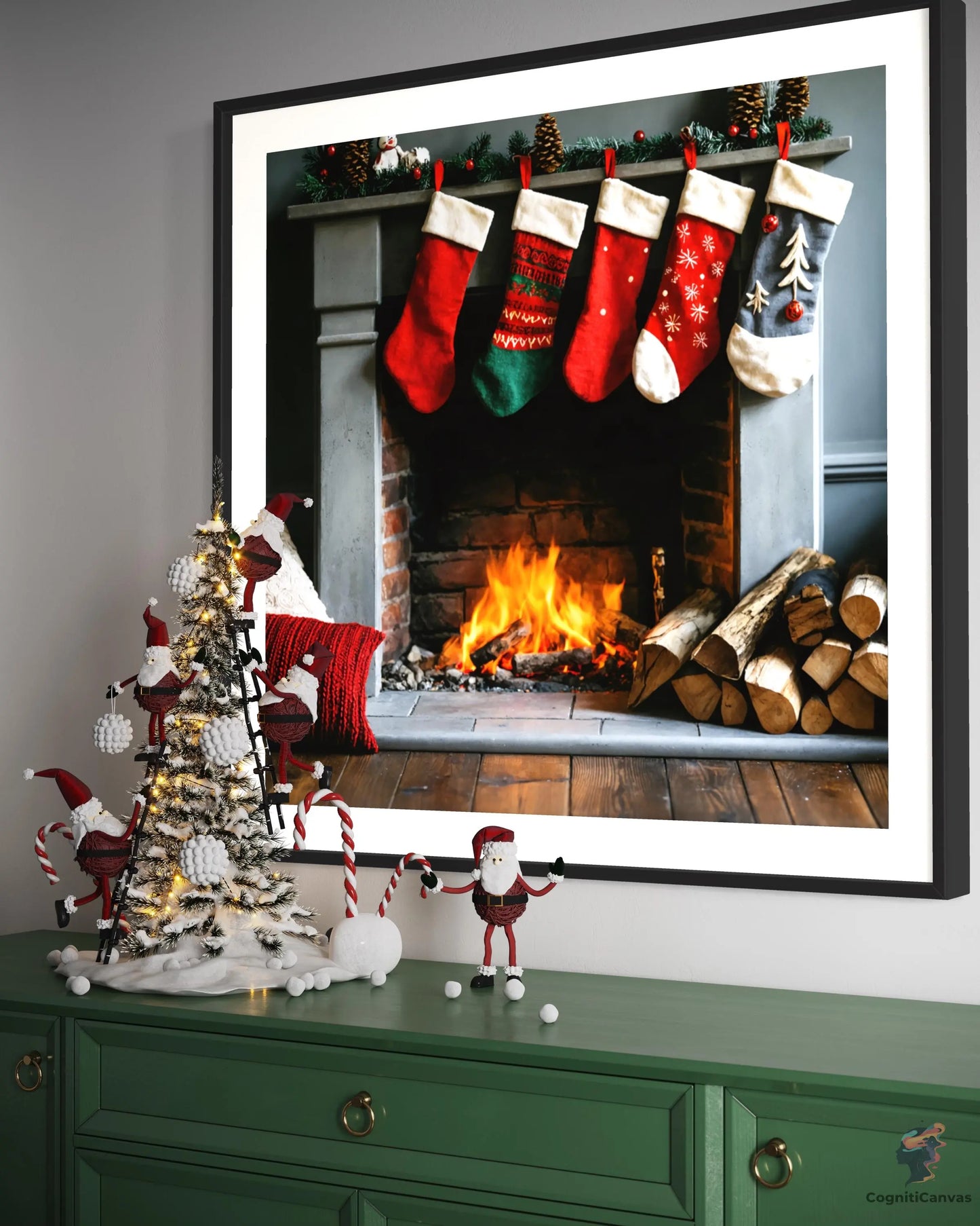 High-resolution AI art of a red stocking hanging by a festive fireplace