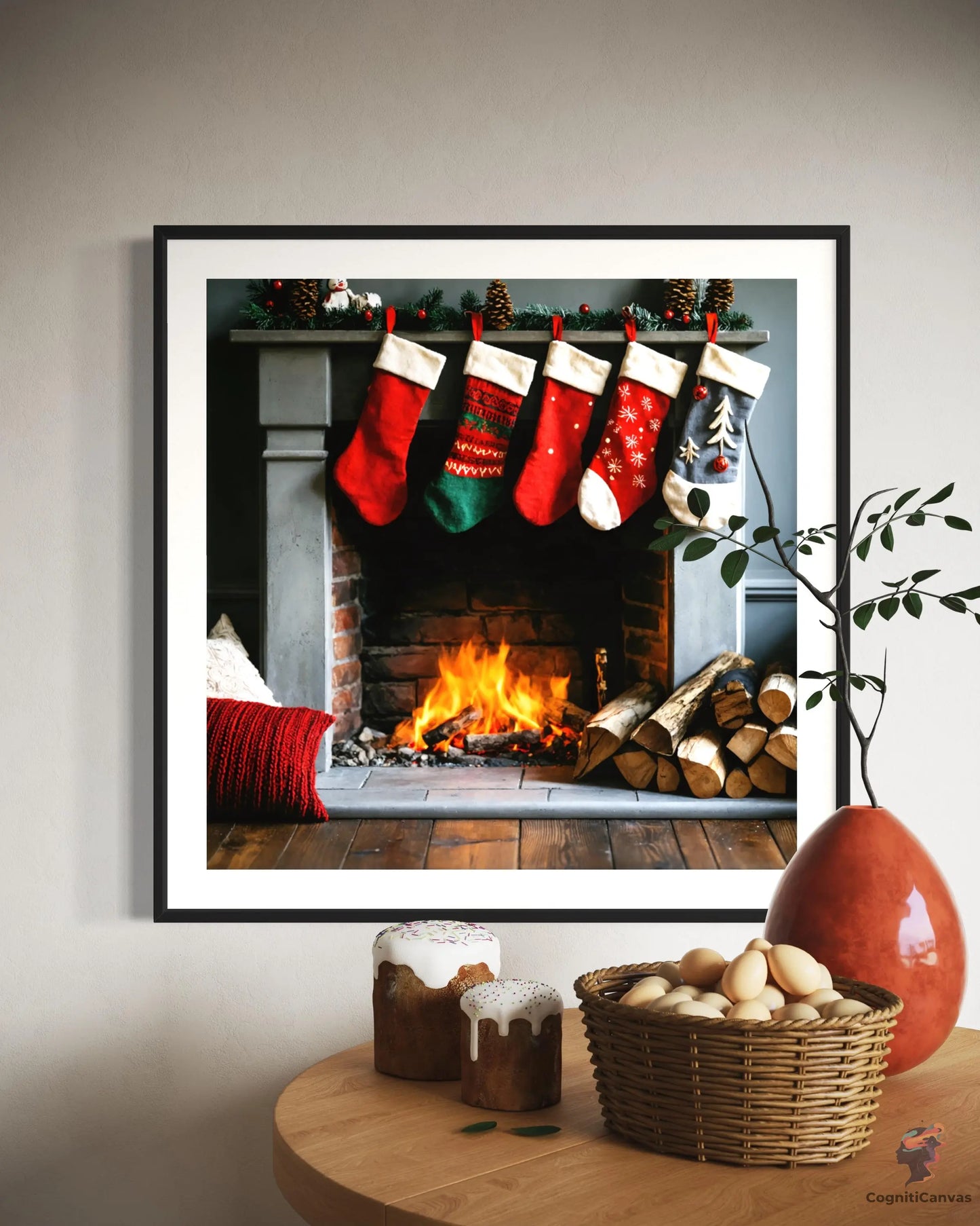 Printable AI-generated red stocking artwork - perfect for holiday home decor