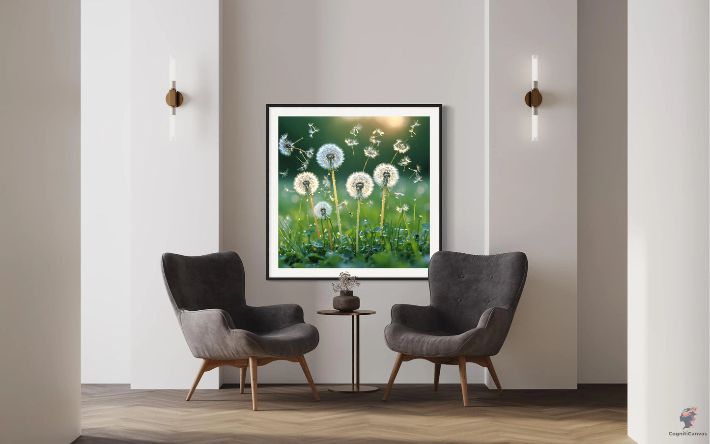 High-resolution AI art of dandelions blowing in the wind – vibrant green and yellow colors